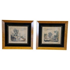 2 Antique English Colonial Birdseye Maple Colored Etching Prints 9"