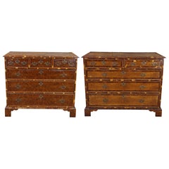 2 Antique English George II Style Oyster Burl Yew Bachelors Chest Dressers Pair