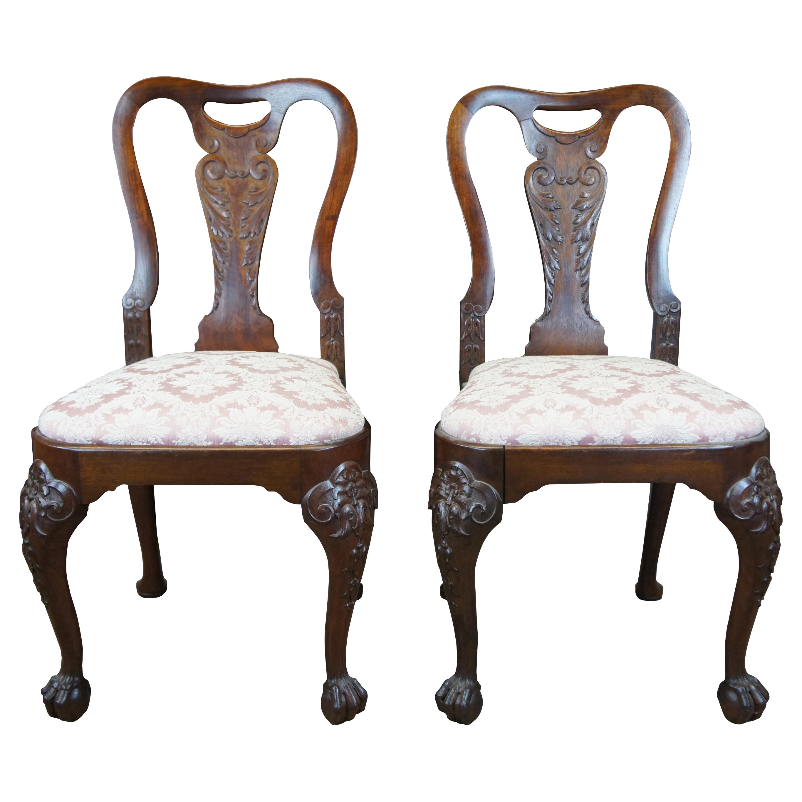 2 Antique English Georgian Style Mahogany Ball 
Claw Dining Side Chairs Pair