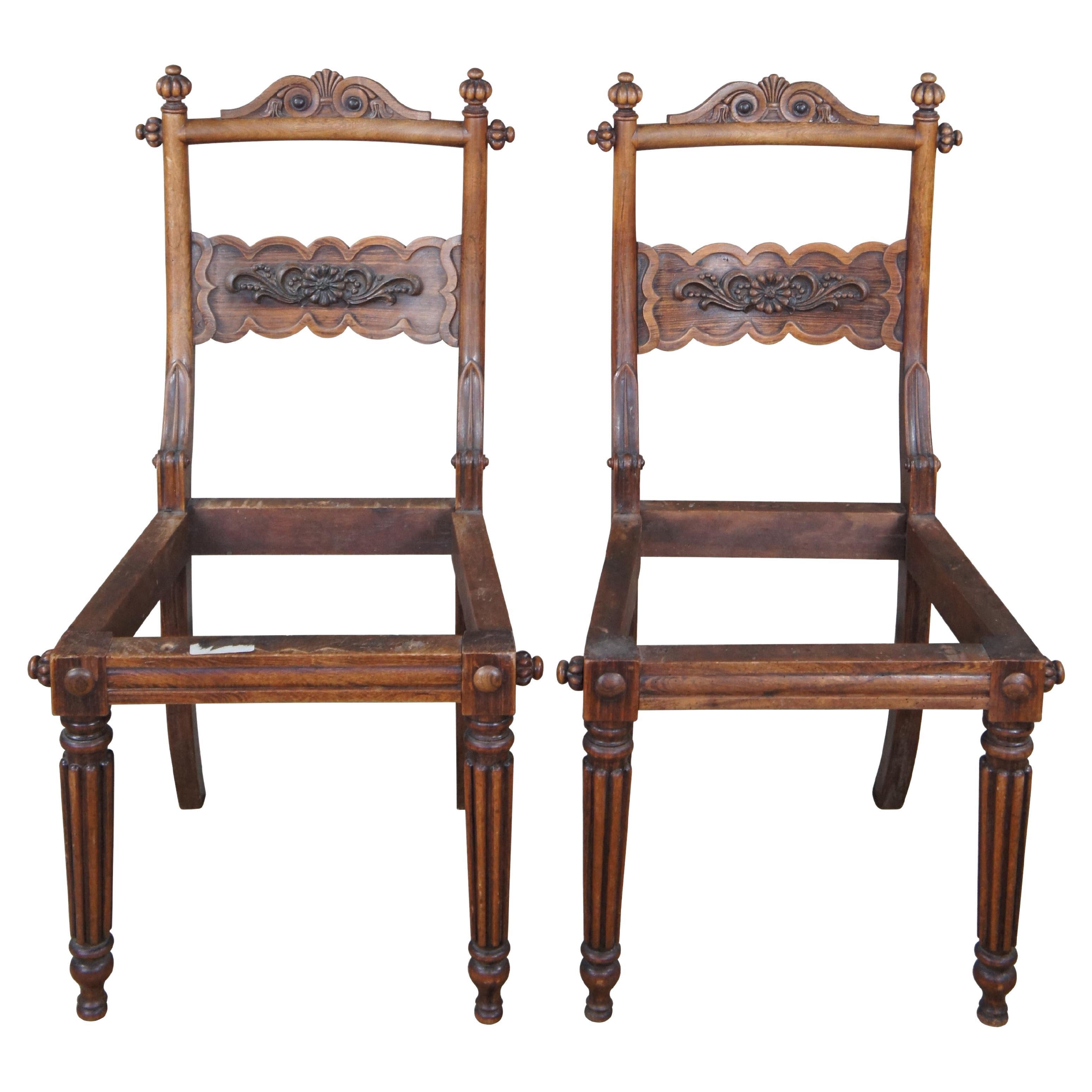 2 Antique English Regency Carved Rosewood Carved Dining Side Hall Chairs Pair