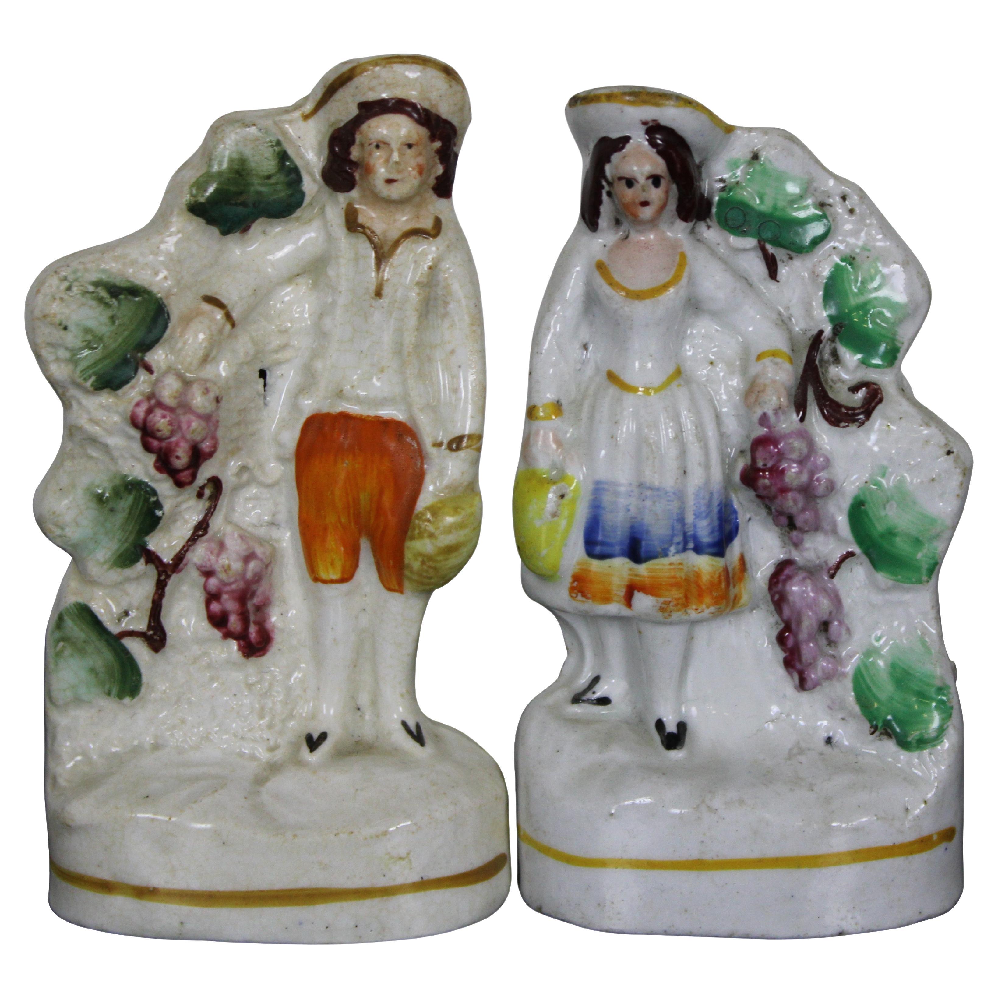 2 Antique English Staffordshire Porcelain Figurines Grapevine Harvest Couple