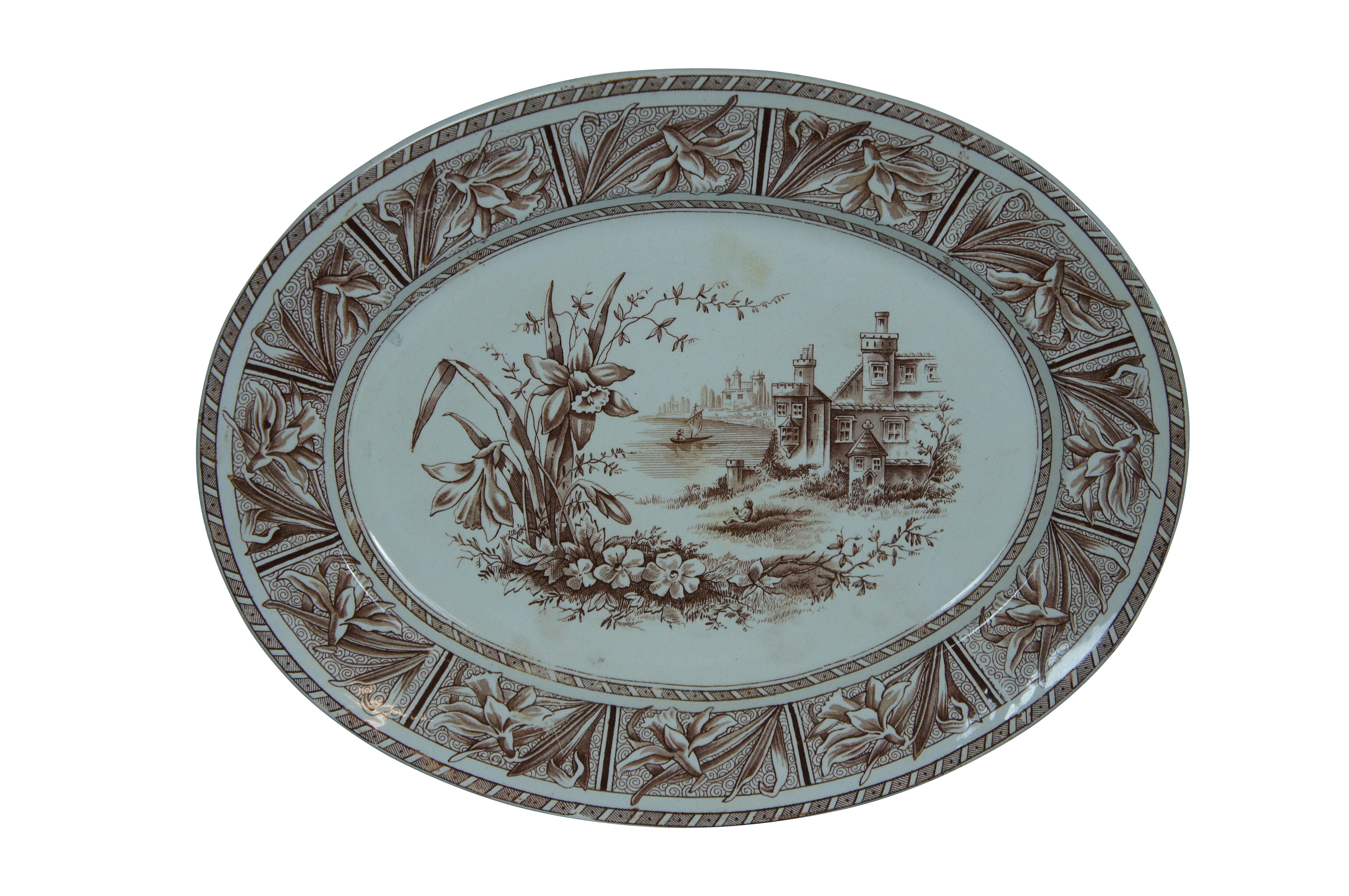 Victorian 2 Antique English Transferware Oval Platters Scroll Daffodill Grindley 17