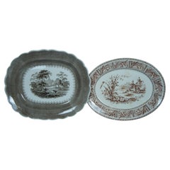 2 Antique English Transferware Oval Platters Scroll Daffodill Grindley 17"