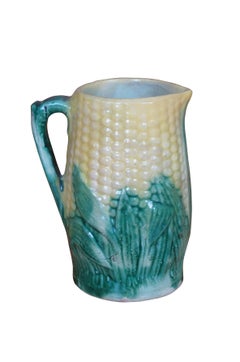 2 Antique Etruscan Majolica Corn on the Cob Harvest Creamer Pitchers 5"