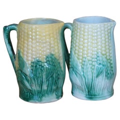 2 Antique Etruscan Majolica Corn on the Cob Harvest Creamer Pitchers 5"