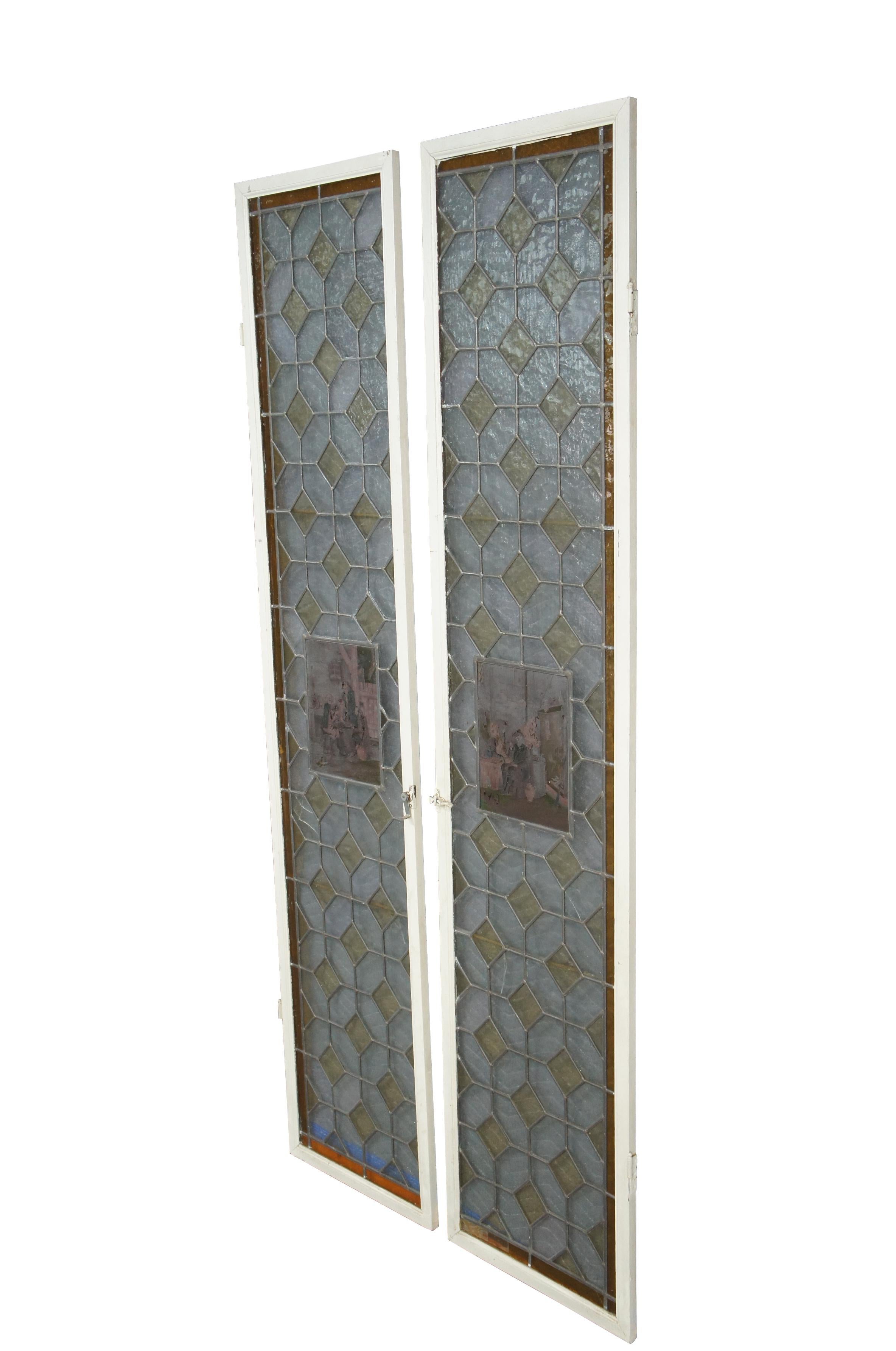 Victorian 2 Antique European Leaded Stained Glass Diamond Window Panels Sidelight 73