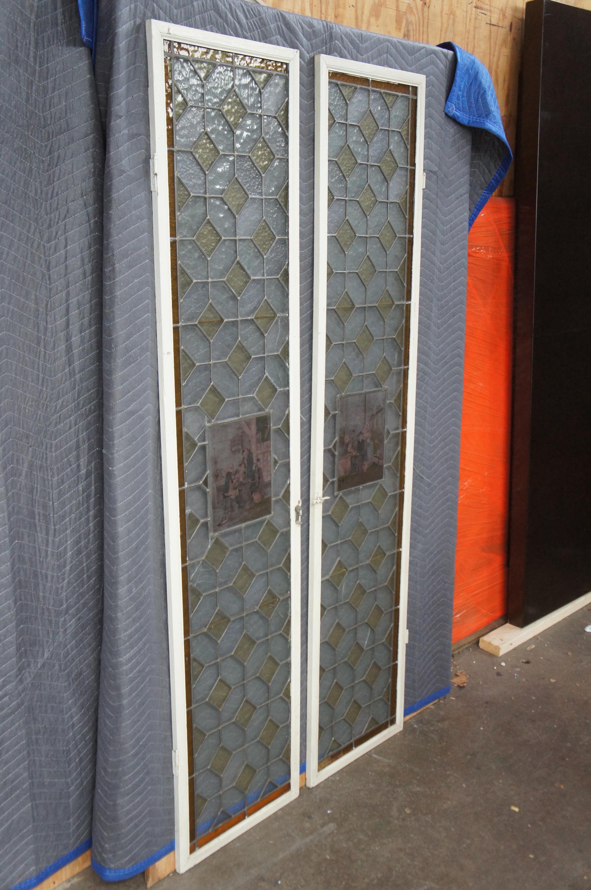 2 Antique European Leaded Stained Glass Diamond Window Panels Sidelight 73