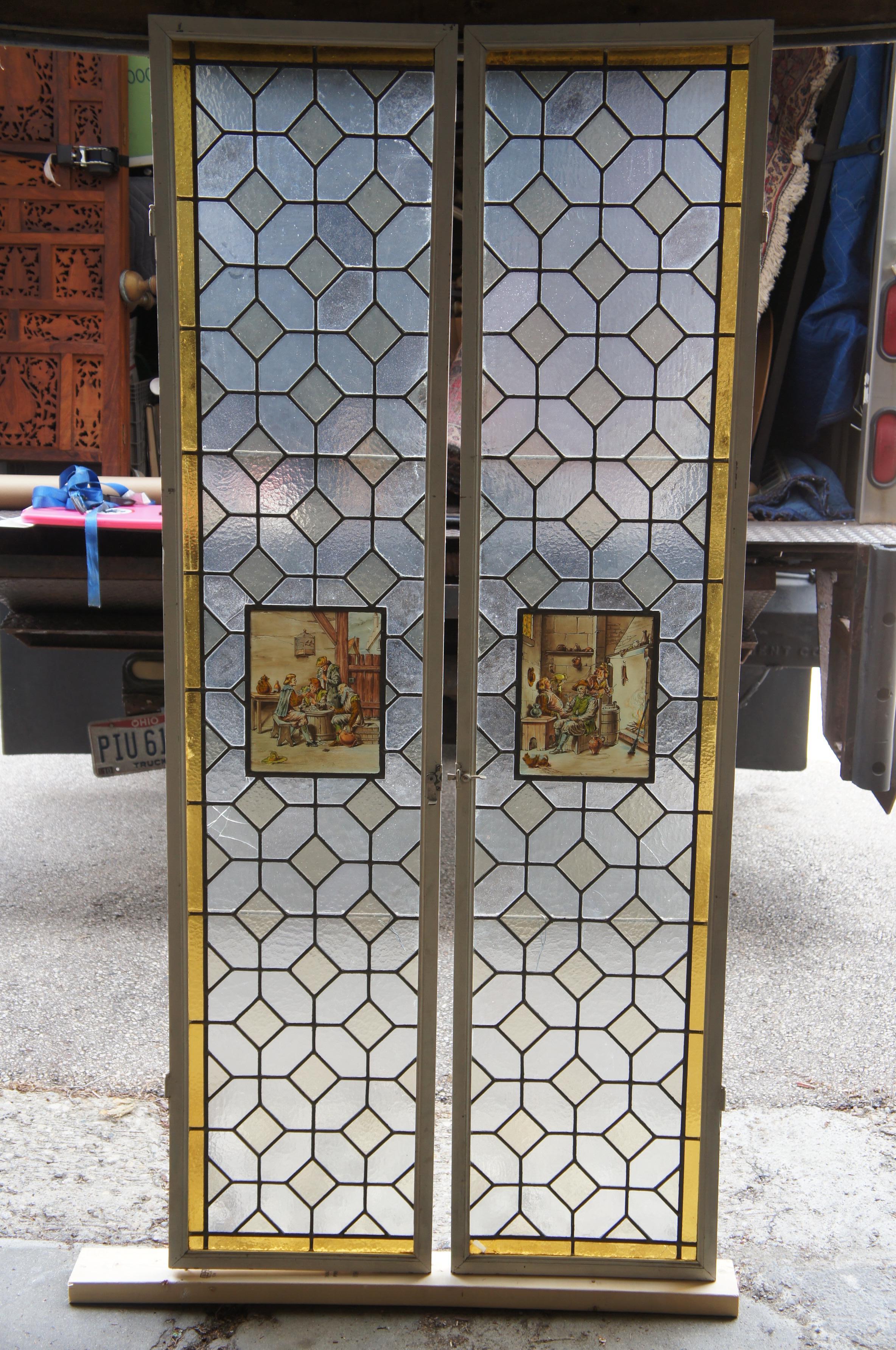 2 Antique European Leaded Stained Glass Diamond Window Panels Sidelight 73