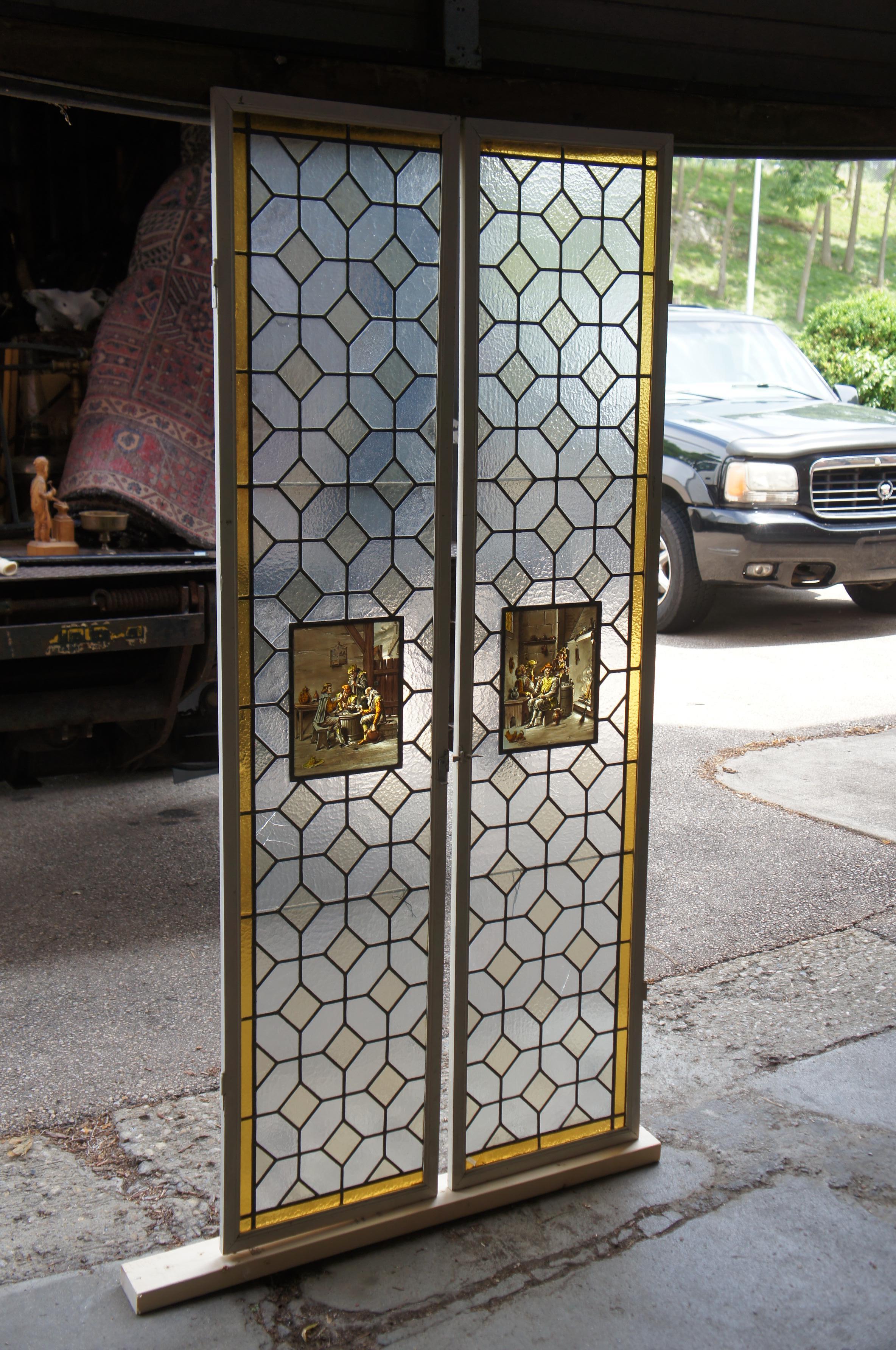 2 Antique European Leaded Stained Glass Diamond Window Panels Sidelight 73