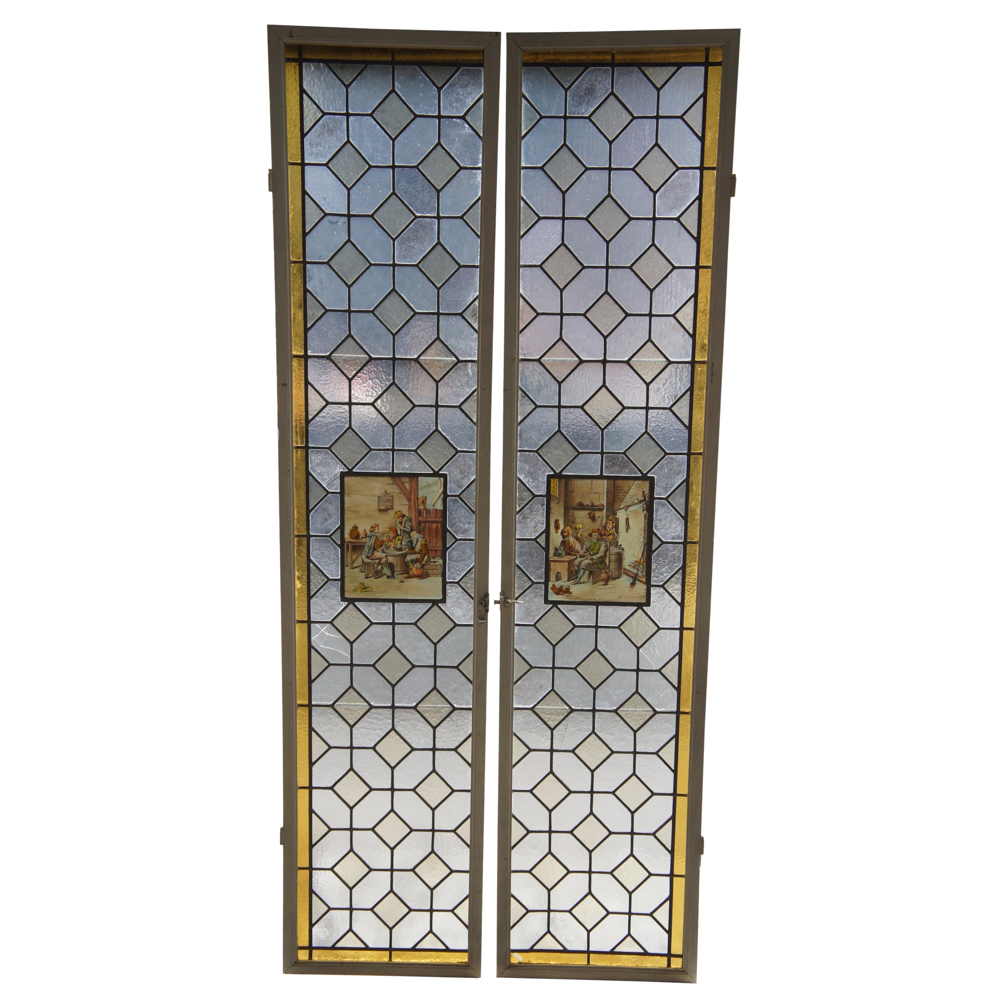 2 Antique European Leaded Stained Glass Diamond Window Panels Sidelight 73" For Sale