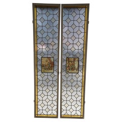 2 Antike europäische Bleiverglasung Stained glass Diamond Window Panels Sidelight 73"