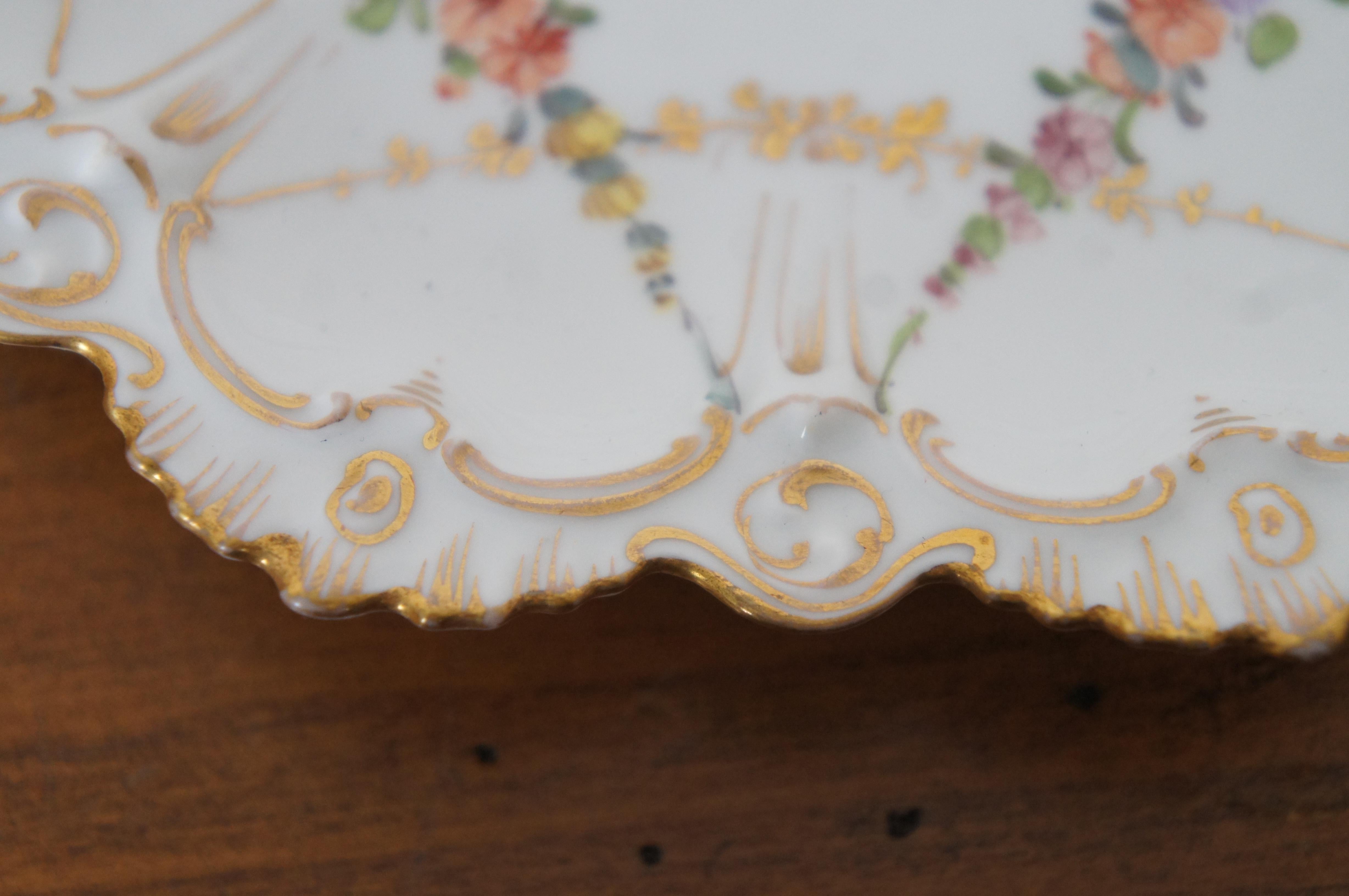 2 Antique Franziska Hirsch Dresden Porcelain Polychrome Scalloped Floral Plates For Sale 6