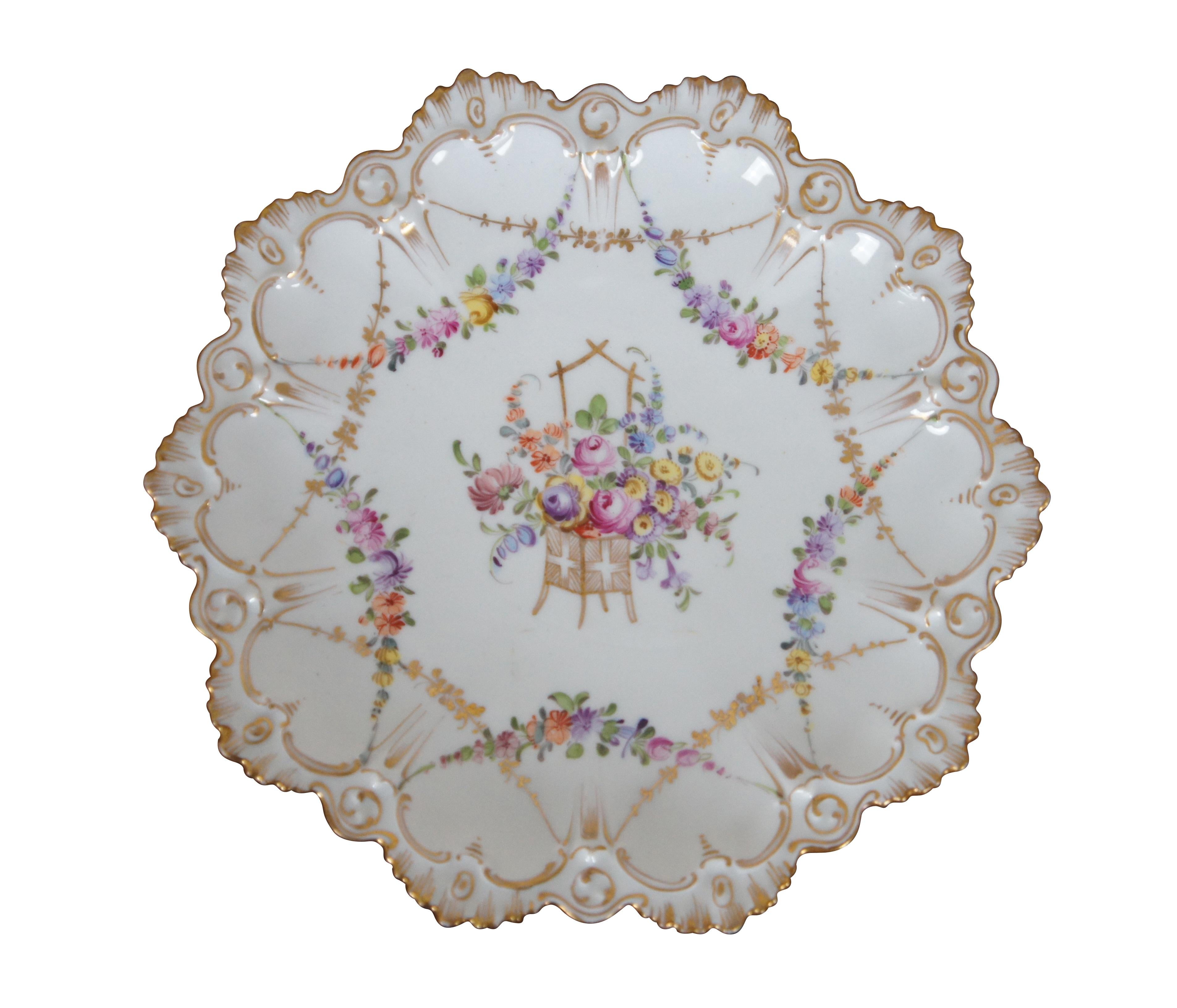 2 Antique Franziska Hirsch Dresden Porcelain Polychrome Scalloped Floral Plates In Good Condition For Sale In Dayton, OH