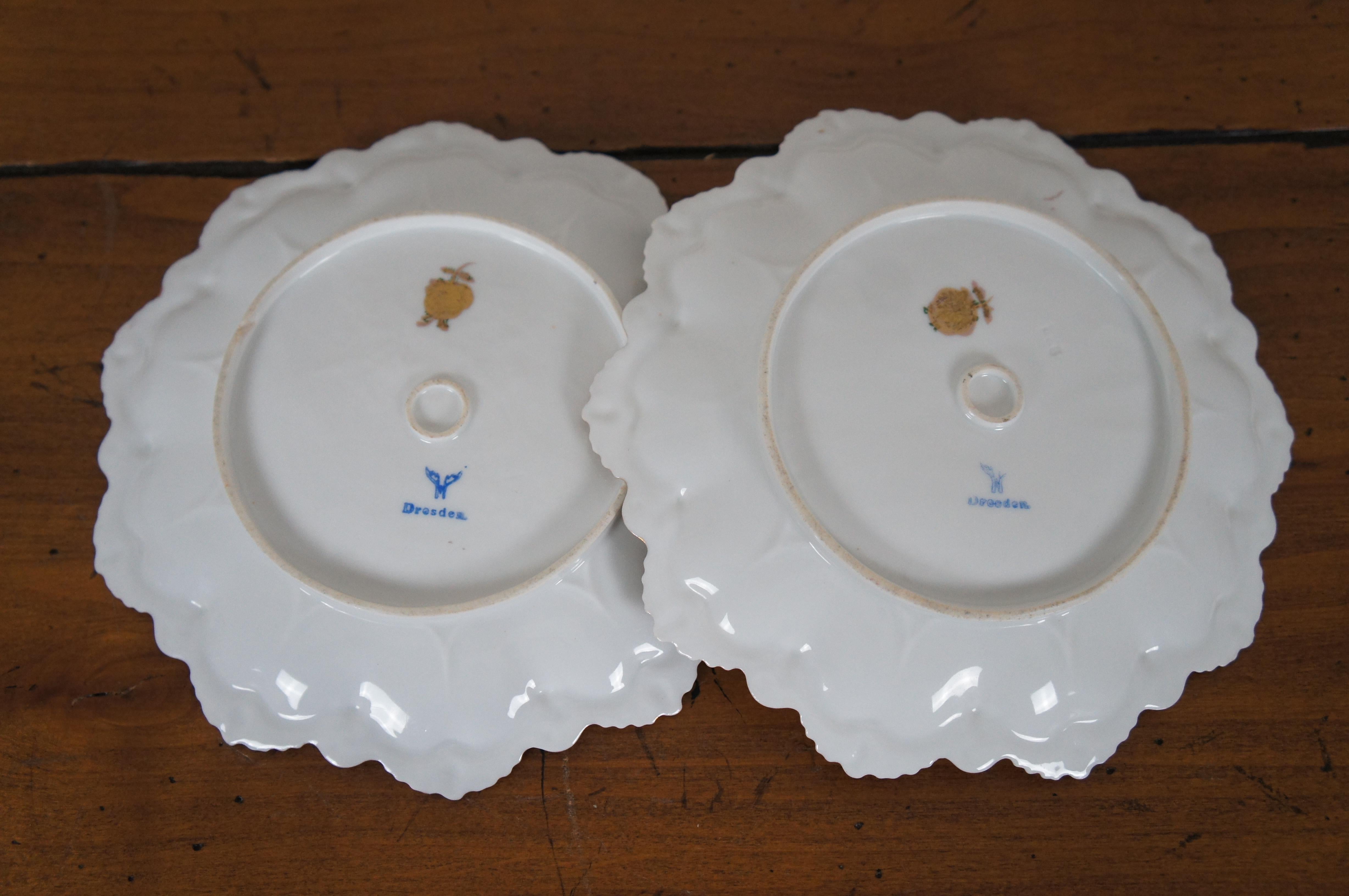 20th Century 2 Antique Franziska Hirsch Dresden Porcelain Polychrome Scalloped Floral Plates For Sale