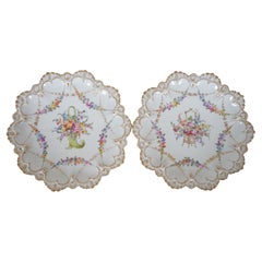 2 Antique Franziska Hirsch Dresden Porcelain Polychrome Scalloped Floral Plates