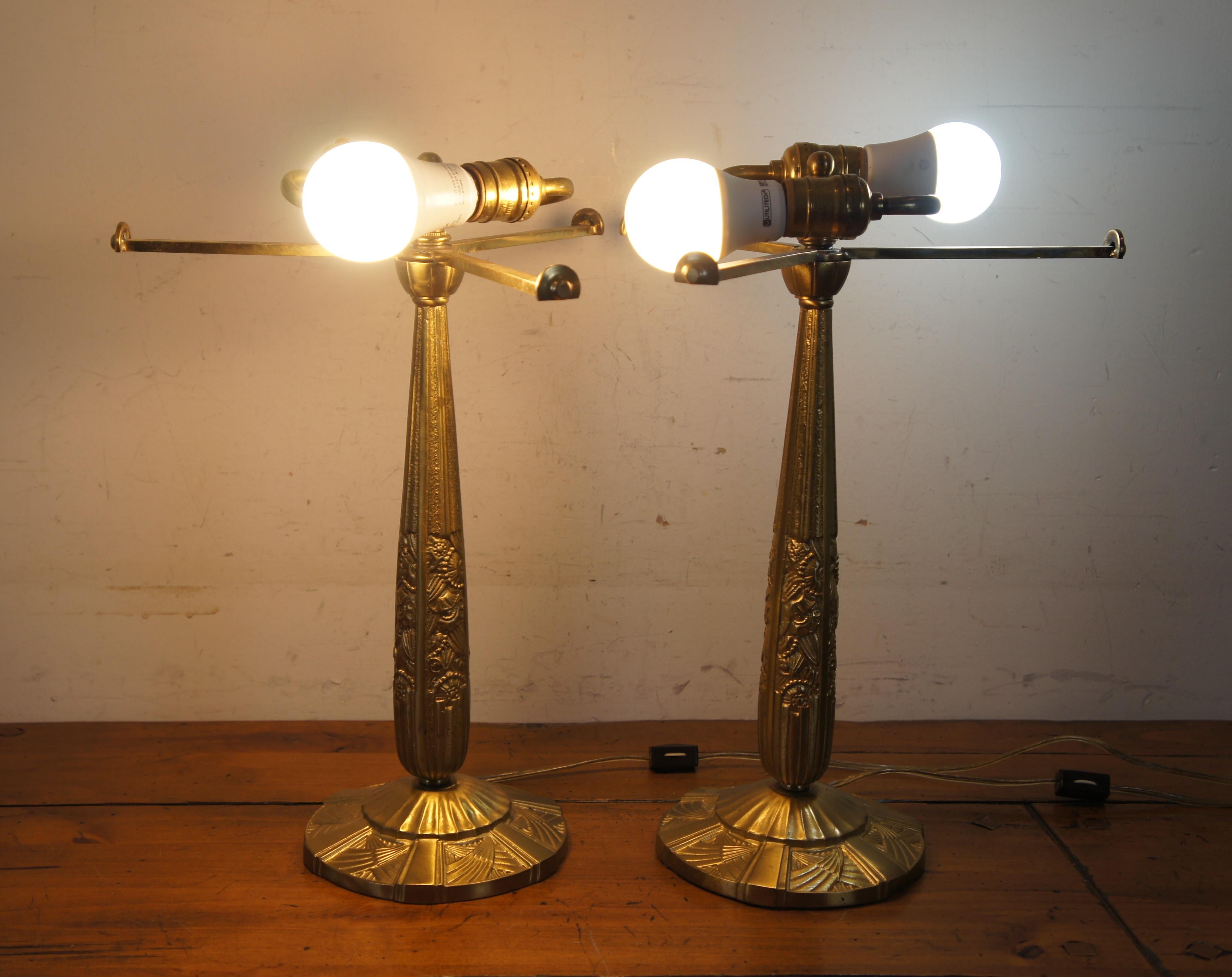 2 Antique French Art Deco Heavy Bronze 2 Light Library Table Lamp Bases For Sale 7