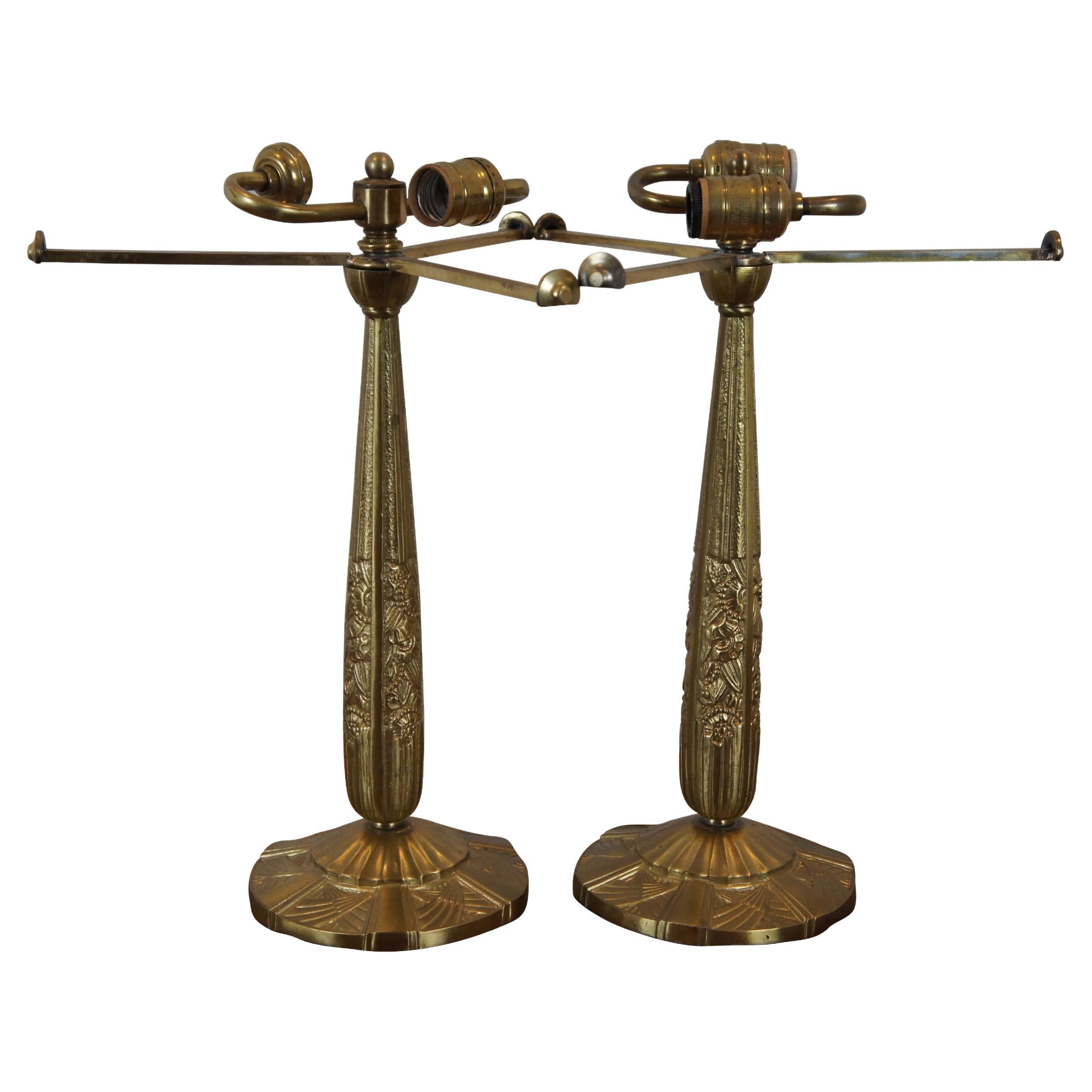 2 Antique French Art Deco Heavy Bronze 2 Light Library Table Lamp Bases For Sale