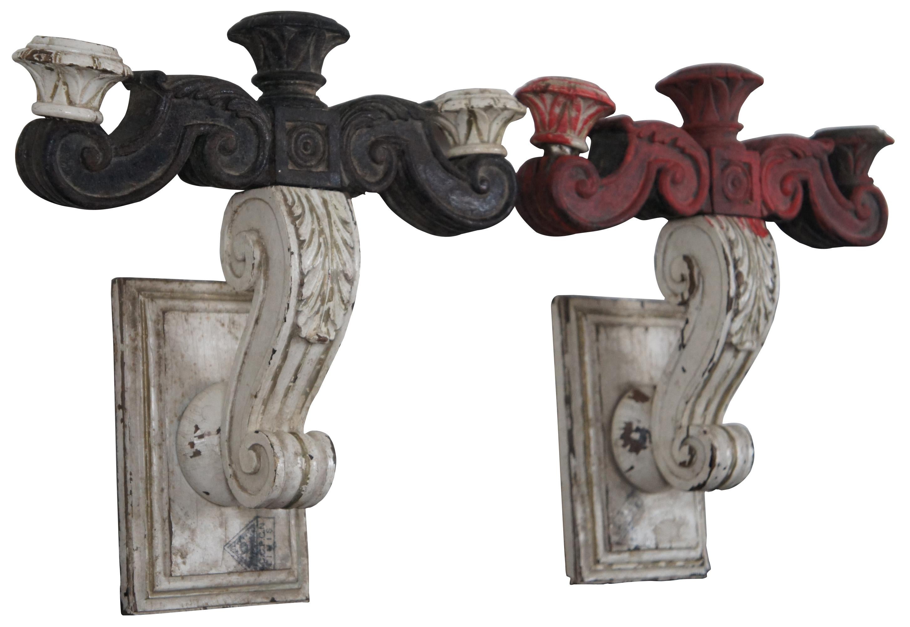 French Provincial 2 Antique French Carved Wood Acanthus Wall Sconce Candelabra Candle Light Pair