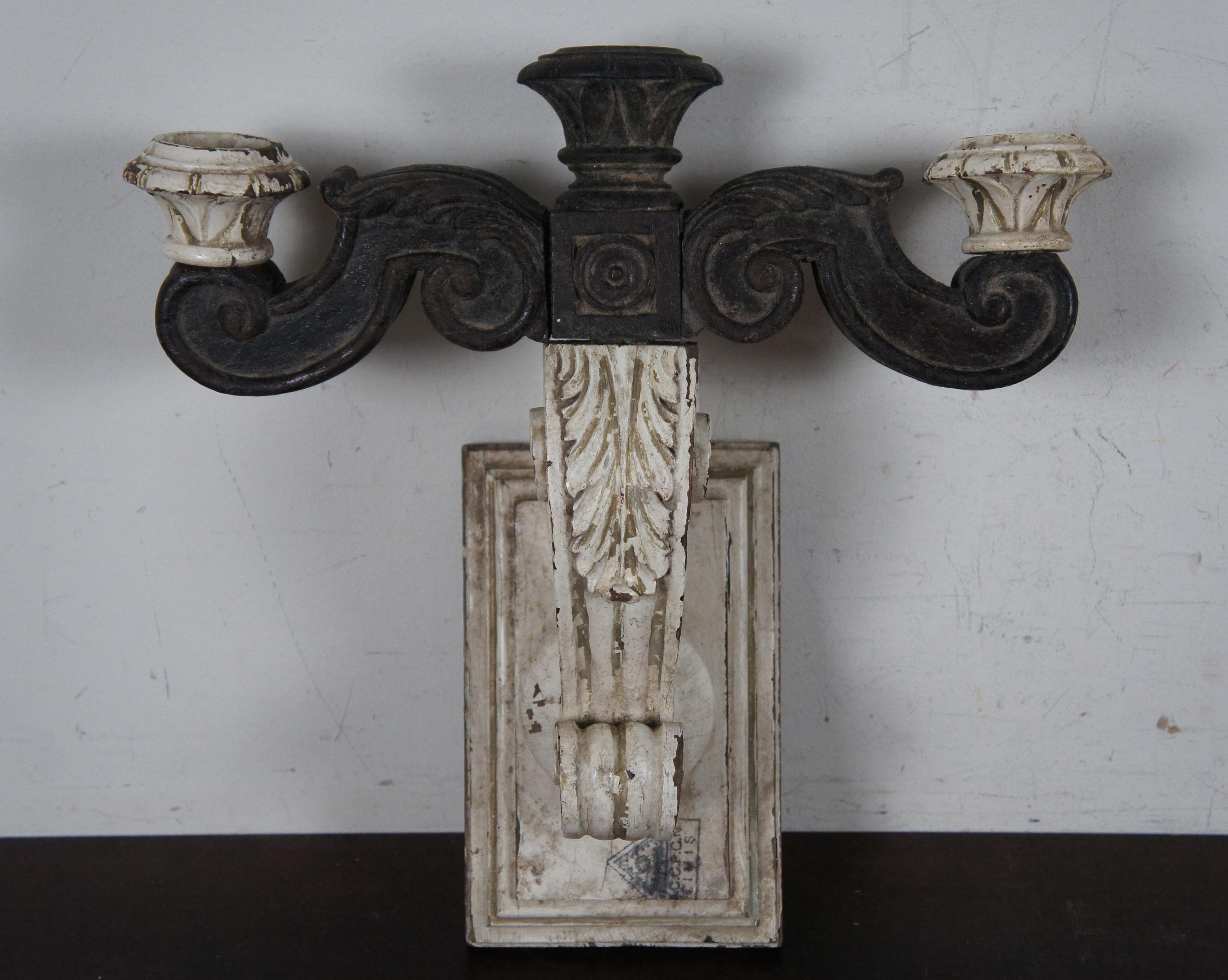 2 Antique French Carved Wood Acanthus Wall Sconce Candelabra Candle Light Pair In Good Condition In Dayton, OH