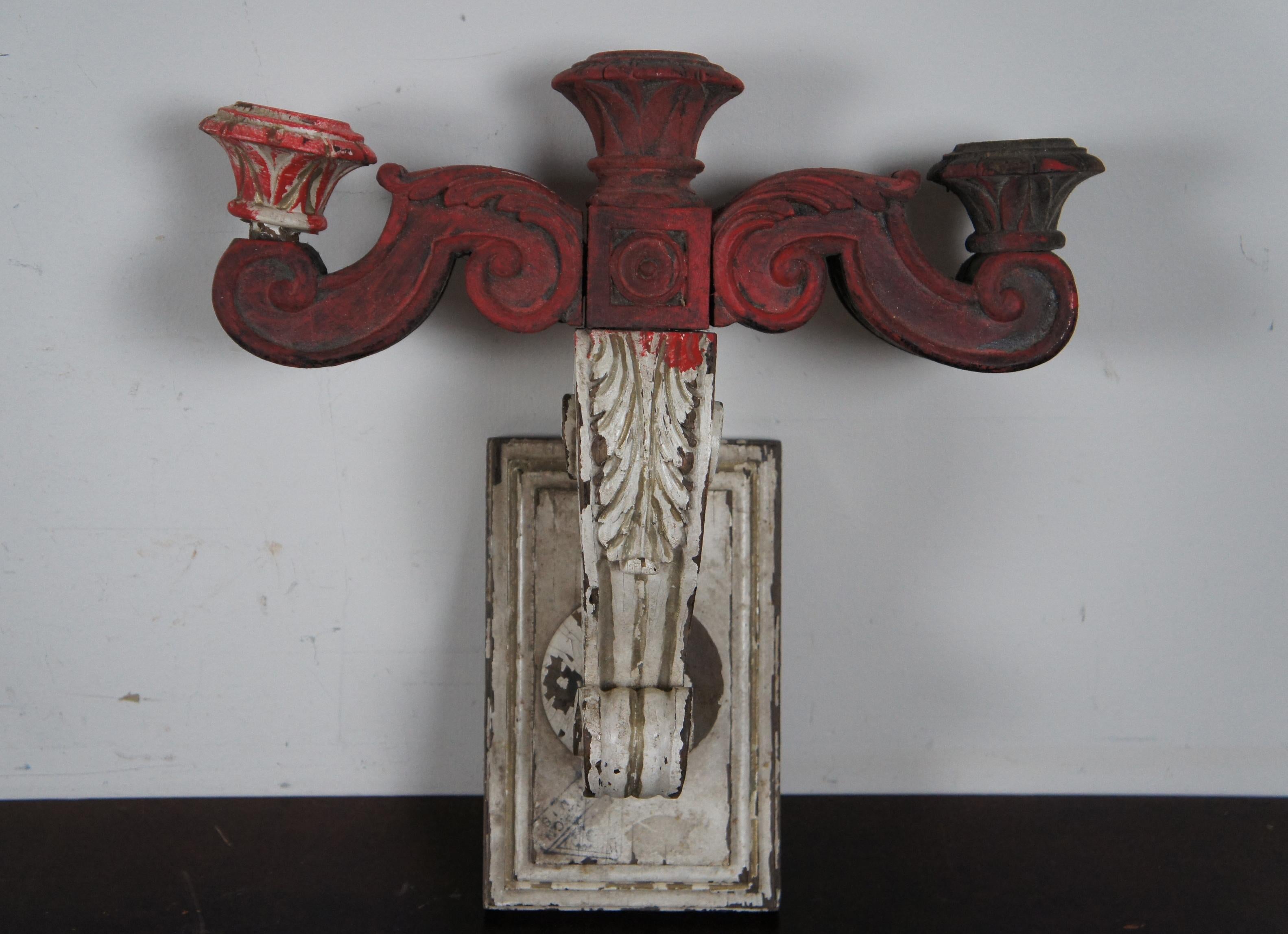 20th Century 2 Antique French Carved Wood Acanthus Wall Sconce Candelabra Candle Light Pair