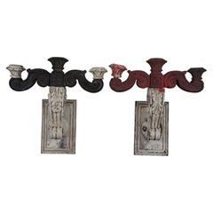 2 Antique French Carved Wood Acanthus Wall Sconce Candelabra Candle Light Pair
