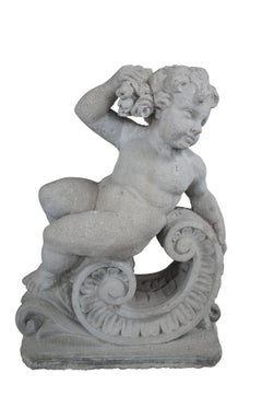 2 Antique French Concrete Stone Reclining Cherub Putti Garden Statues 30"
