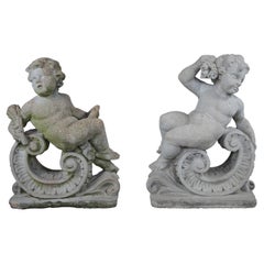 2 Vintage French Concrete Stone Reclining Cherub Putti Garden Statues 30"