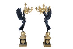 2 Antique French Empire Figural Gilt Bronze Candelabras Sculpture Statues 54"