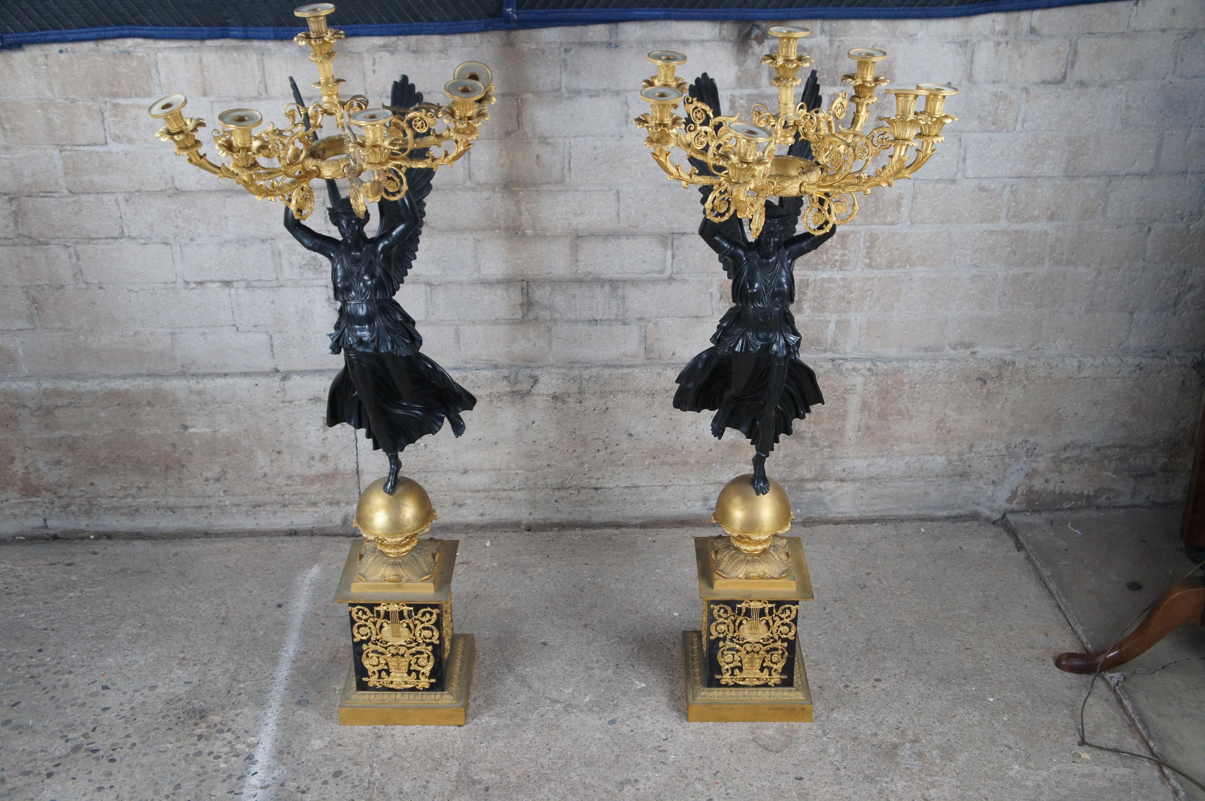 19th Century 2 Antique French Empire Figural Gilt Bronze Candelabras Sculpture Statues 54