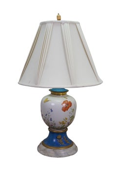 2 Antique French Floral Painted Butterfly Ginger Jar Mantel Urn Lamps Pair 34"