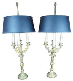 2 Antique French Gilt 5 Arm Candelabra Candle Stick Bouillotte Lamps Tole Shade