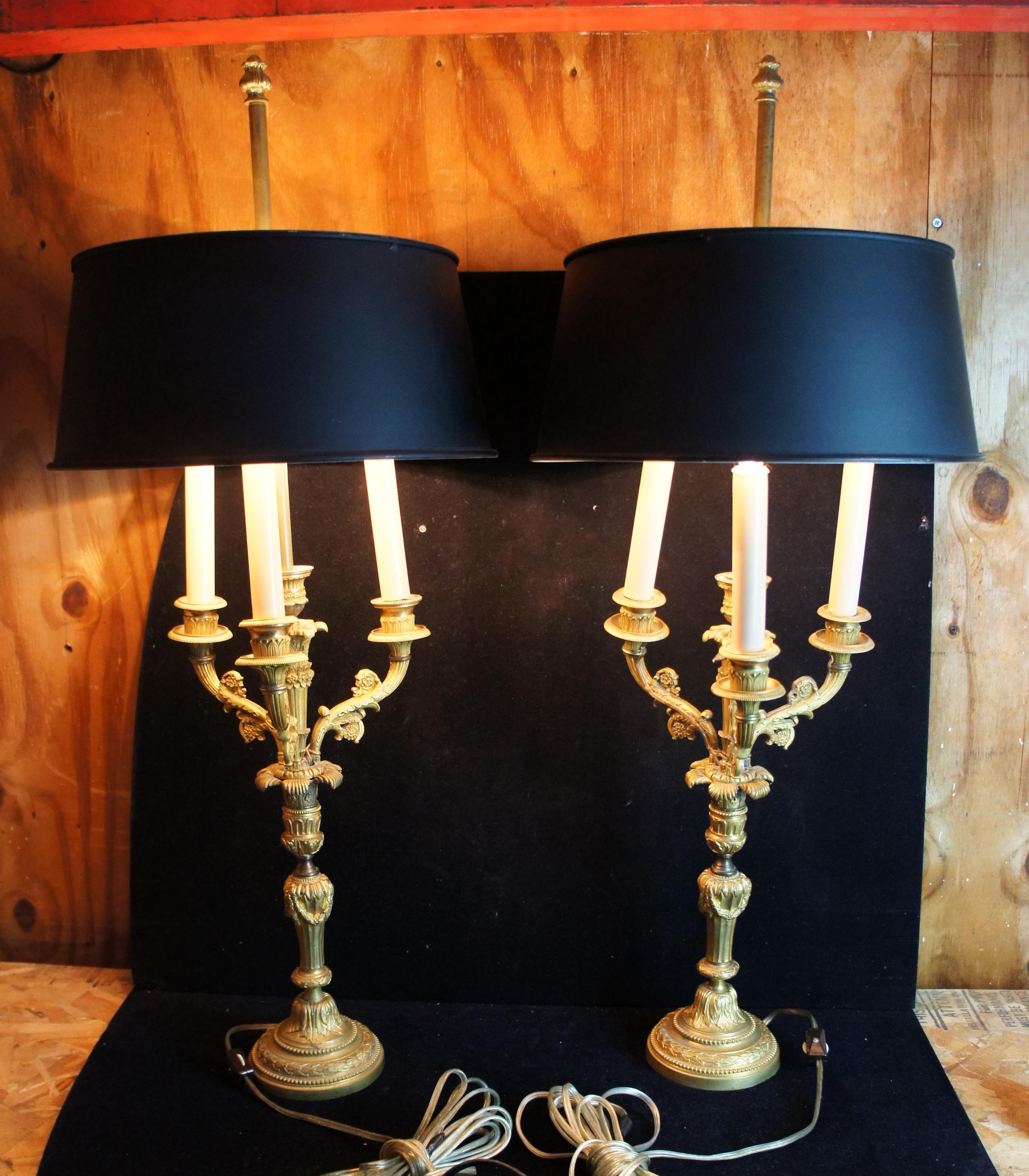 2 Antique French Gilt 5 Arm Candelabra Candle Stick Bouillotte Lamps Tole Shade In Fair Condition In Dayton, OH