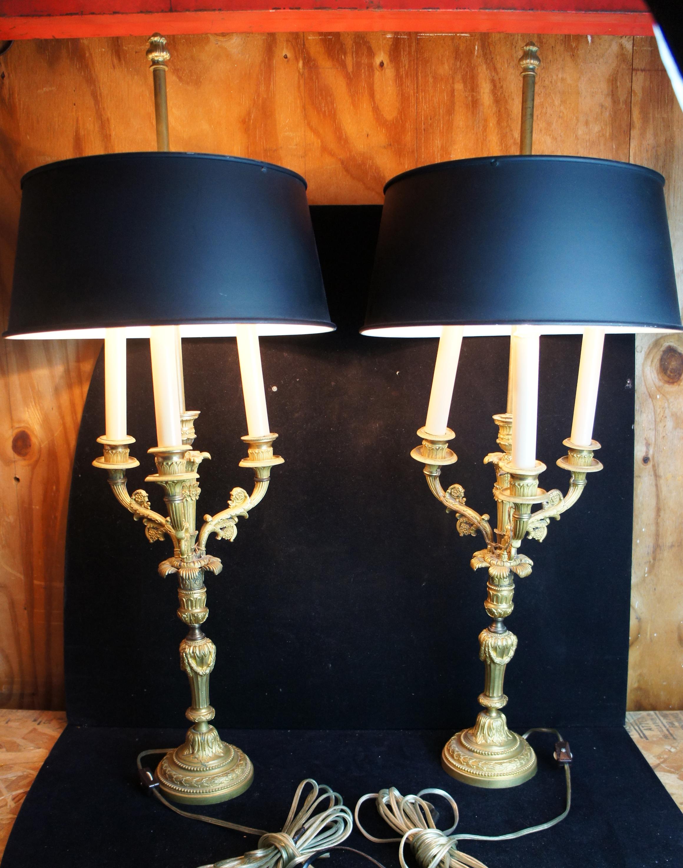 19th Century 2 Antique French Gilt 5 Arm Candelabra Candle Stick Bouillotte Lamps Tole Shade
