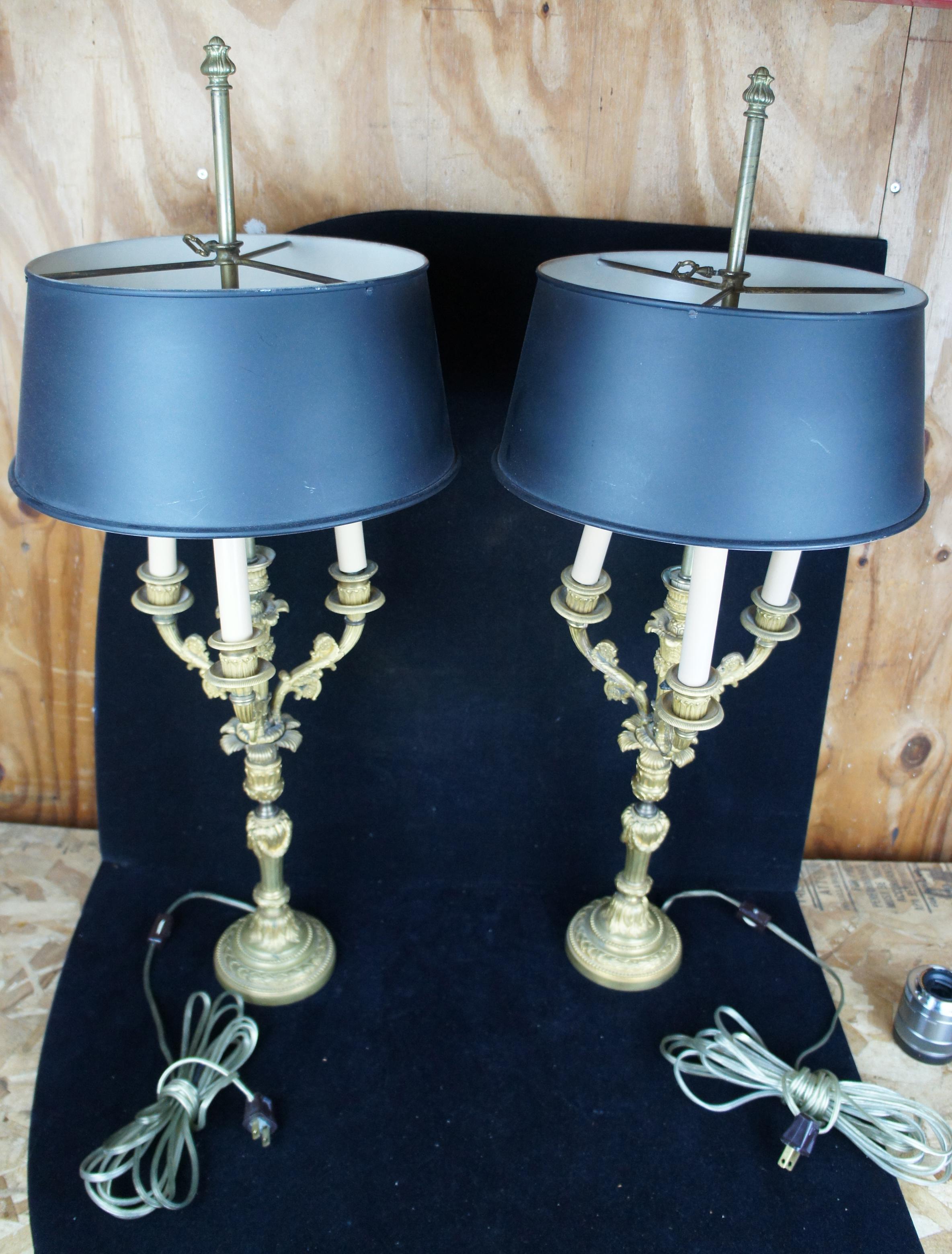 2 Antique French Gilt 5 Arm Candelabra Candle Stick Bouillotte Lamps Tole Shade 1