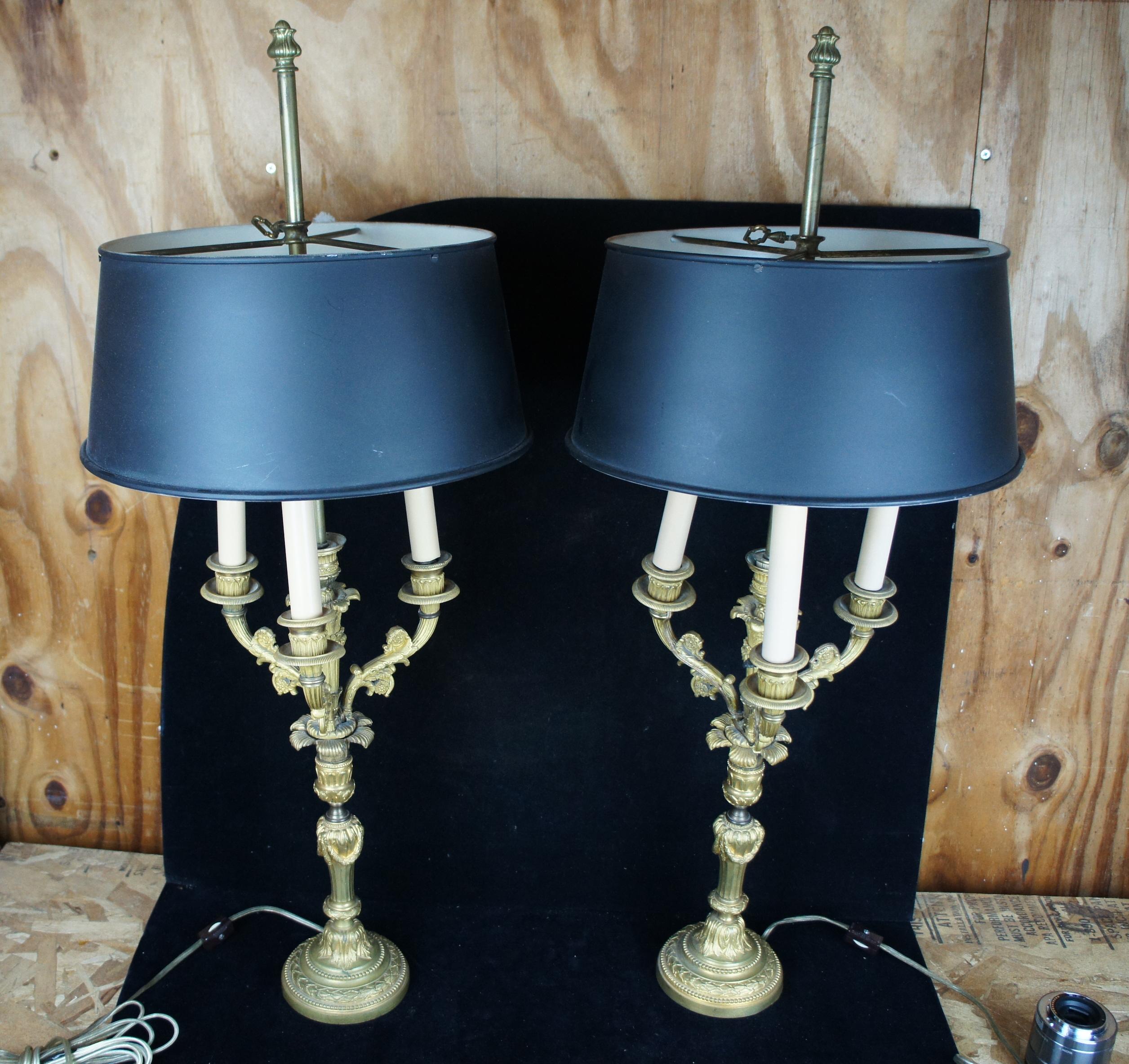 2 Antique French Gilt 5 Arm Candelabra Candle Stick Bouillotte Lamps Tole Shade 2