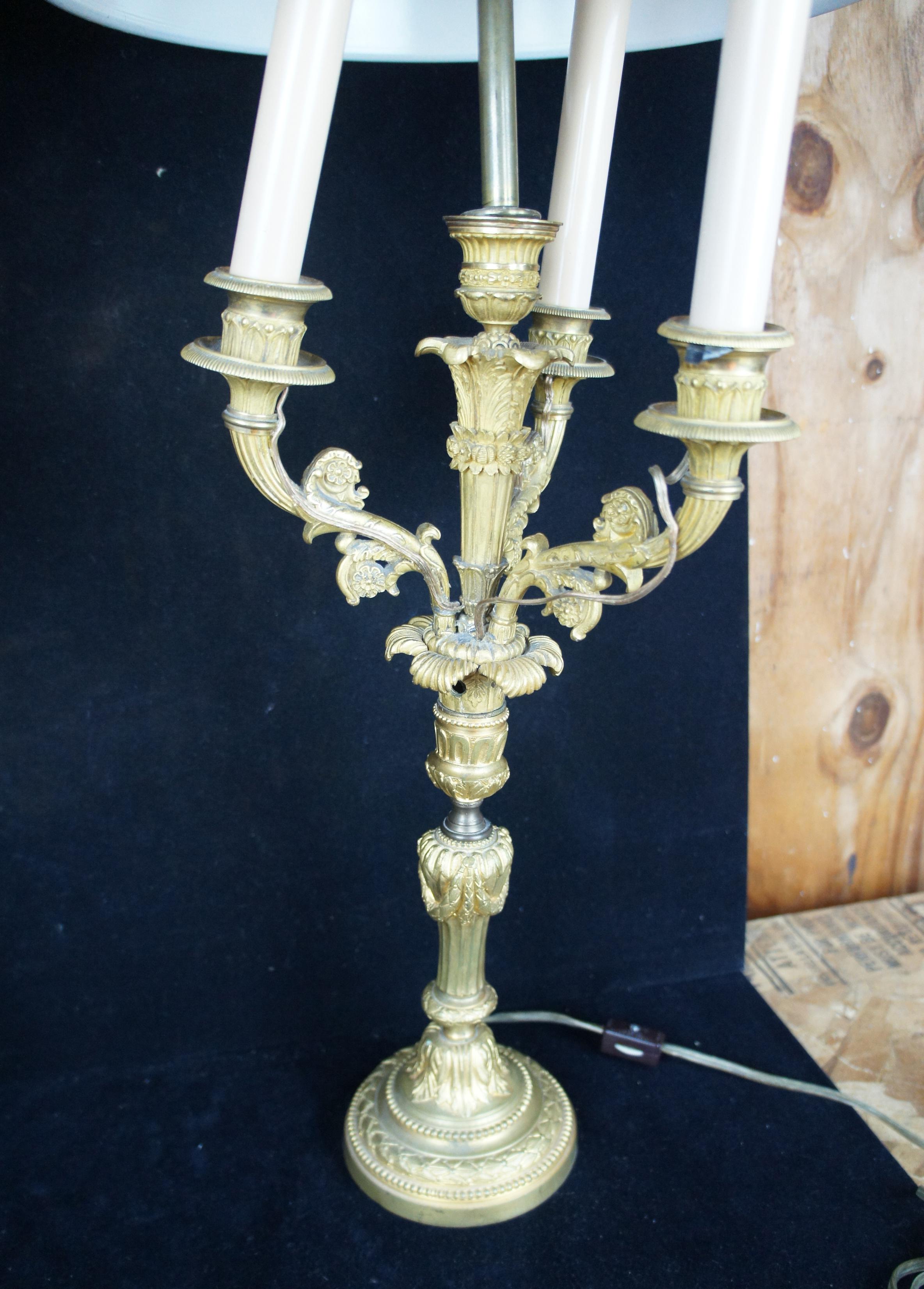2 Antique French Gilt 5 Arm Candelabra Candle Stick Bouillotte Lamps Tole Shade 3