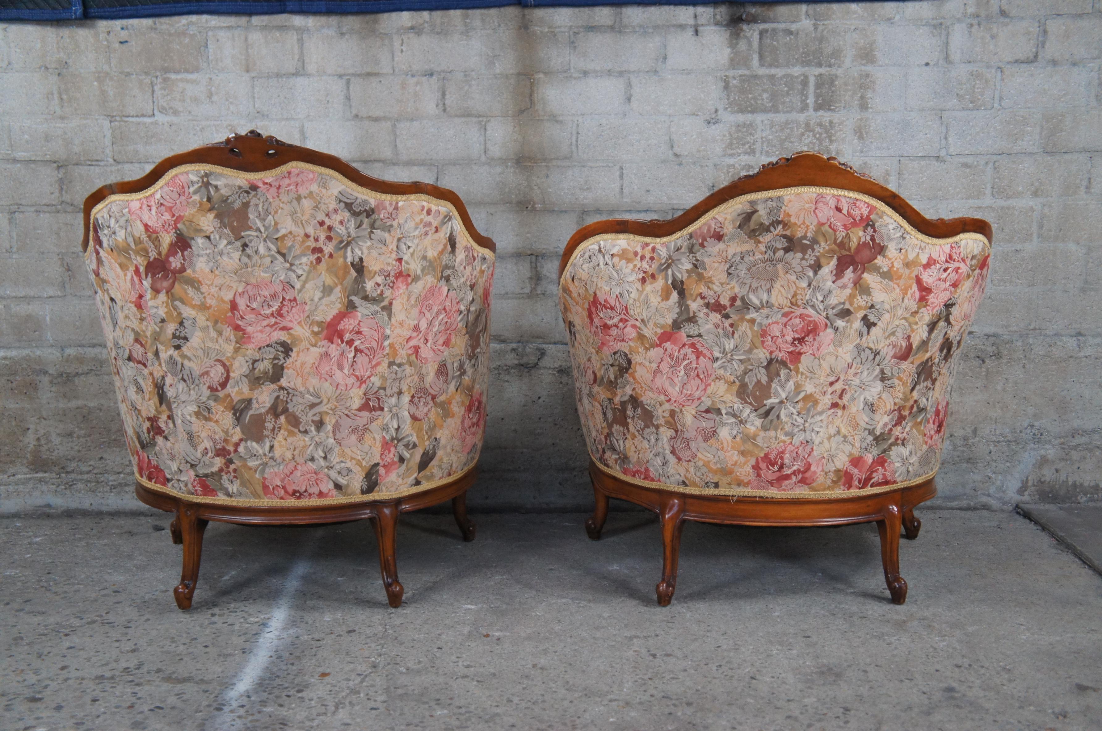 2 Antique French Louis XV Style Walnut Carved His & Hers Bergere Club Arm Chairs 5