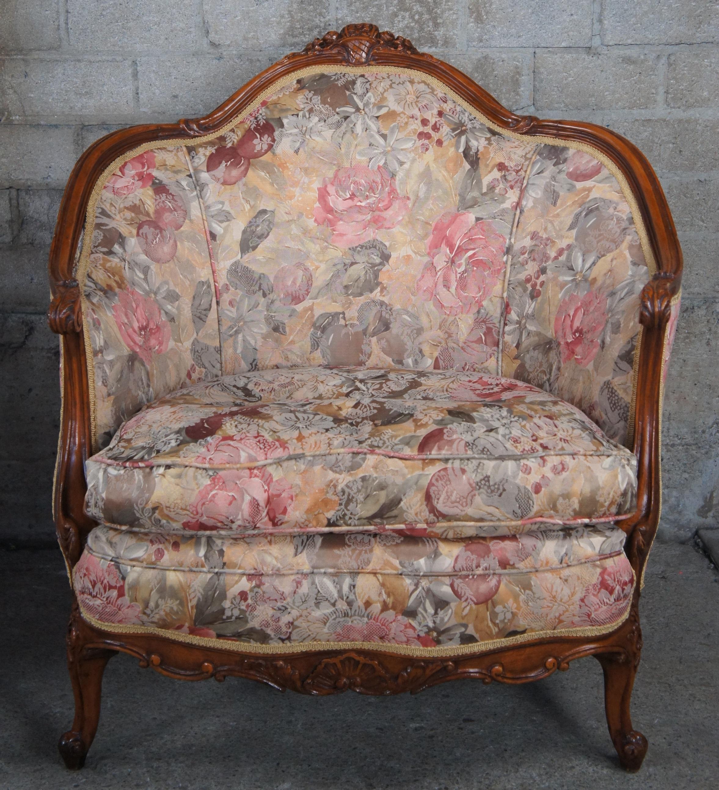 19th Century 2 Antique French Louis XV Style Walnut Carved His & Hers Bergere Club Arm Chairs