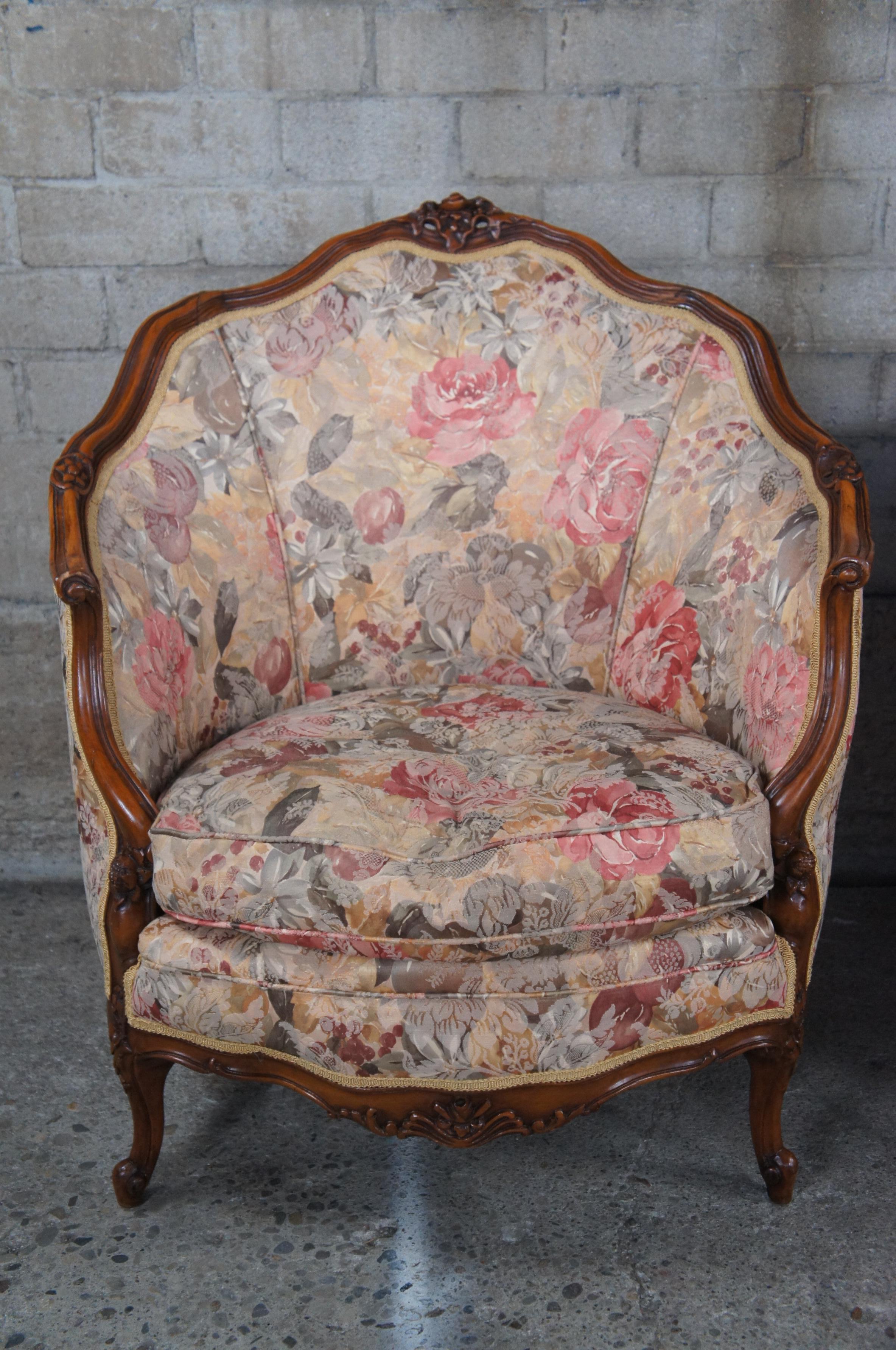 Upholstery 2 Antique French Louis XV Style Walnut Carved His & Hers Bergere Club Arm Chairs
