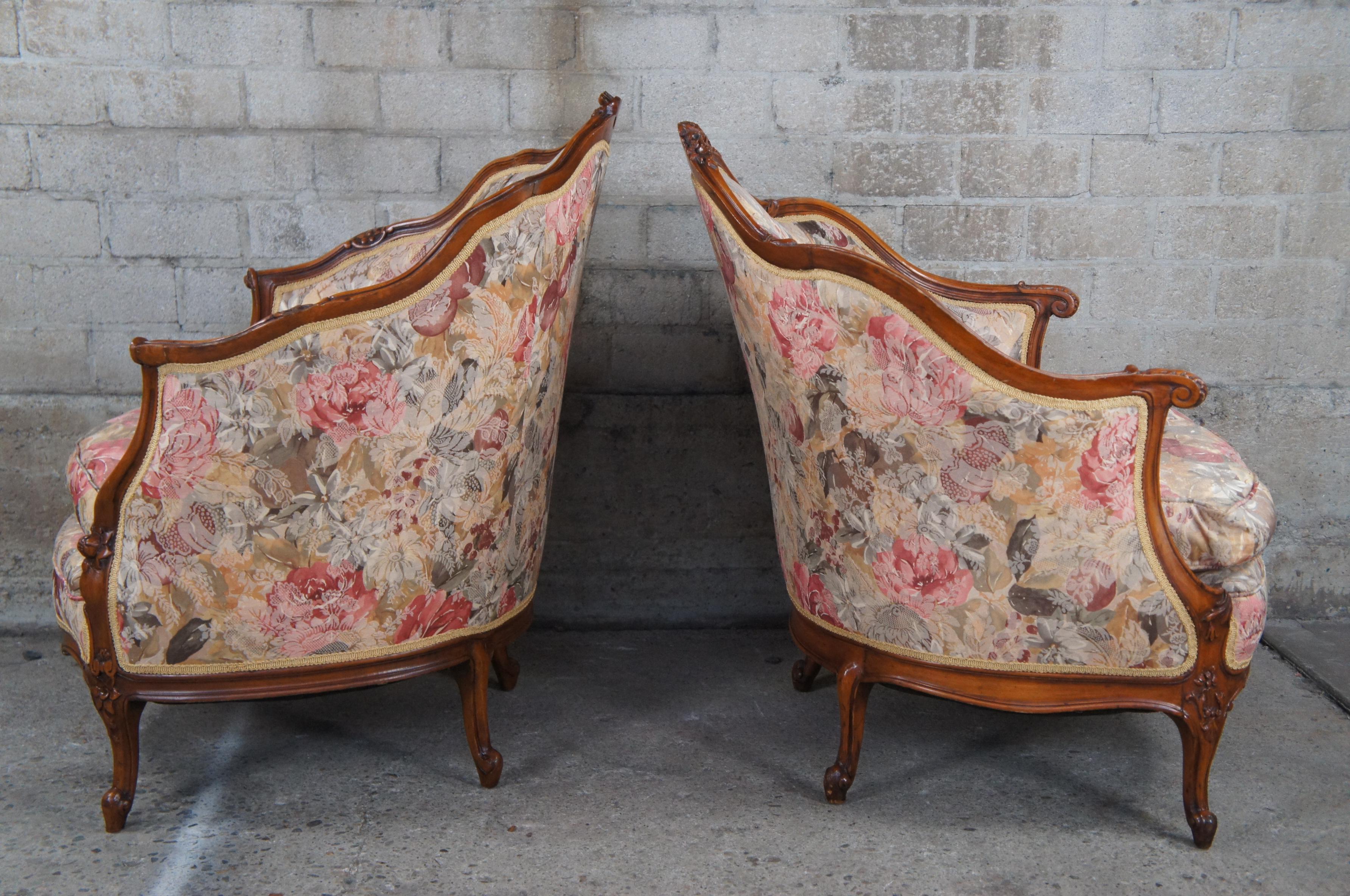2 Antique French Louis XV Style Walnut Carved His & Hers Bergere Club Arm Chairs 4