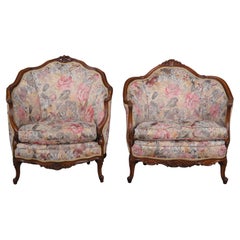 2 Antique French Louis XV Style Walnut Carved His & Hers Bergere Club Arm Chairs