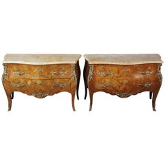 2 Antique French Louis XV Tulip Wood Marquetry Inlay Marble Bombe Commodes Pair