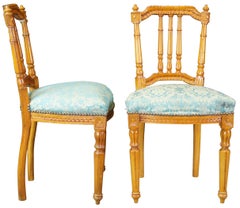 2 Antique French Louis XVI Style Carved Birch Side Accent Chairs Brocade Seat
