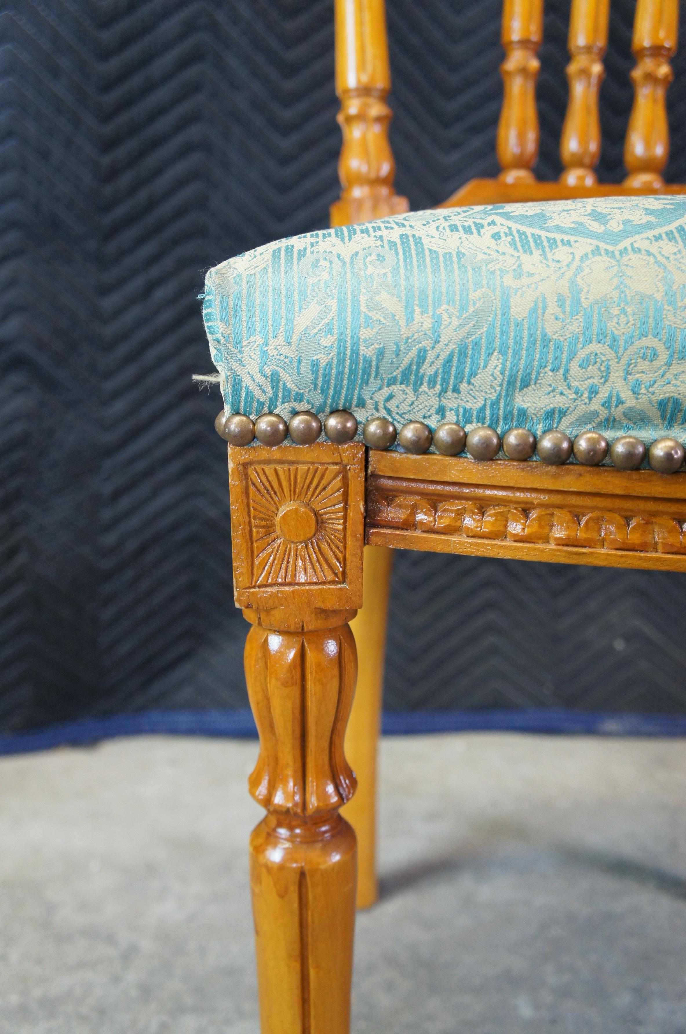 2 Antique French Louis XVI Carved Birch Side Accent Chairs Brocade Seat For Sale 1