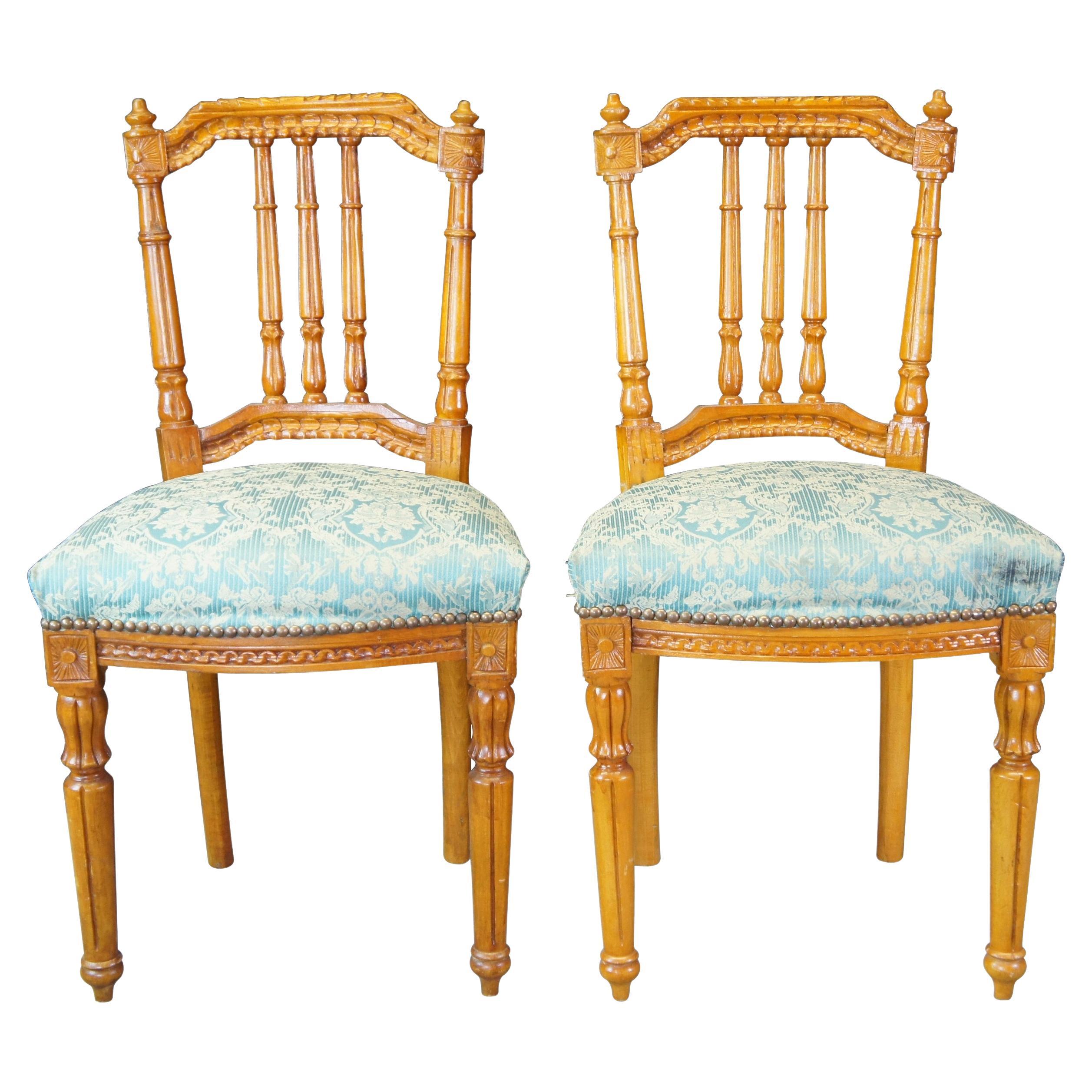 2 Antique French Louis XVI Style Carved Birch Side Accent Chairs Brocade Seat
