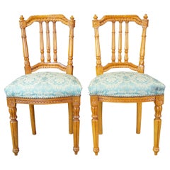 2 Antique French Louis XVI Carved Birch Side Accent Chairs Brocade Seat