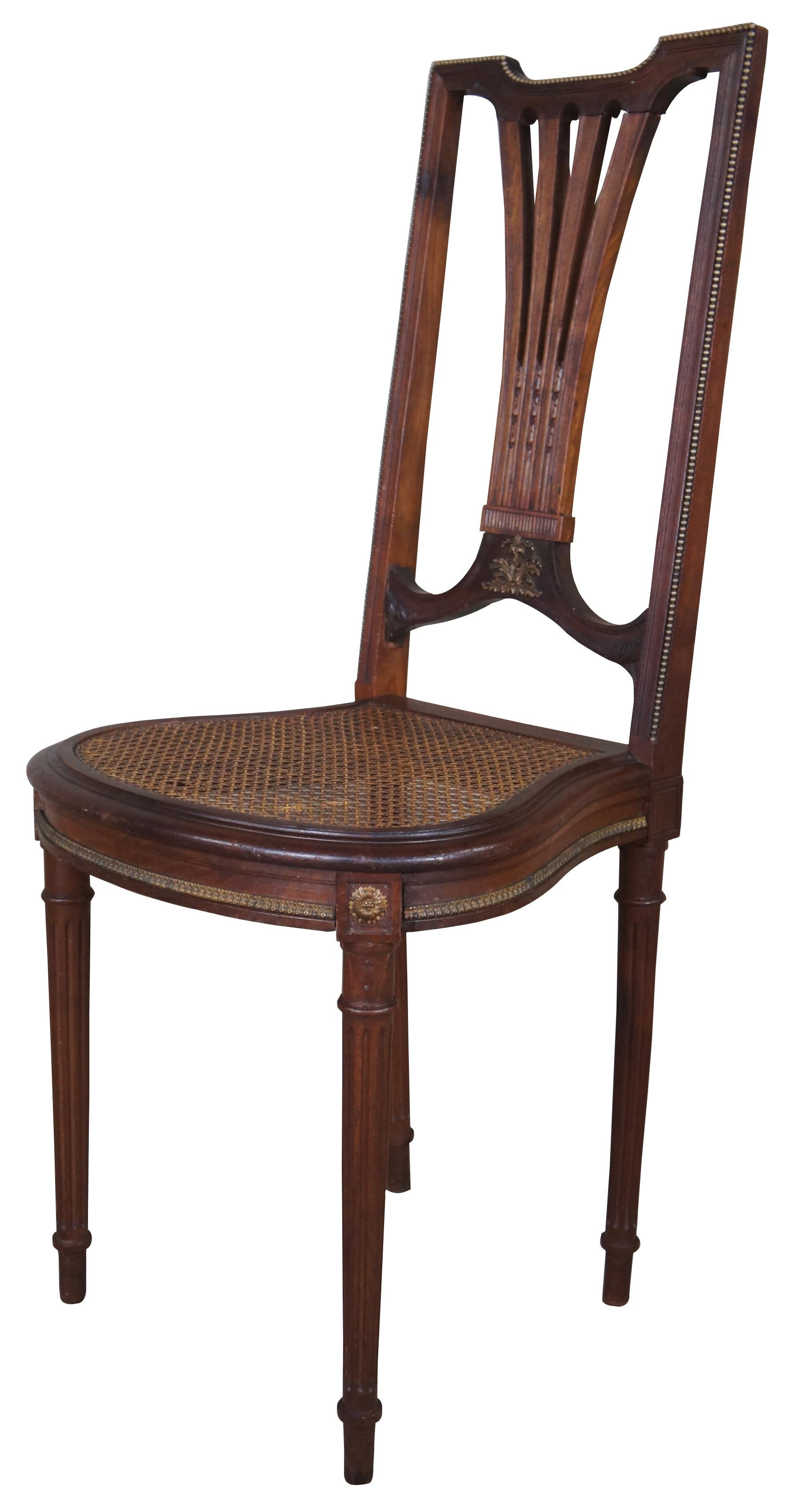 2 Antique French Louis XVI Solid Walnut Caned Side Chairs Bronze Mounts Pair In Good Condition In Dayton, OH