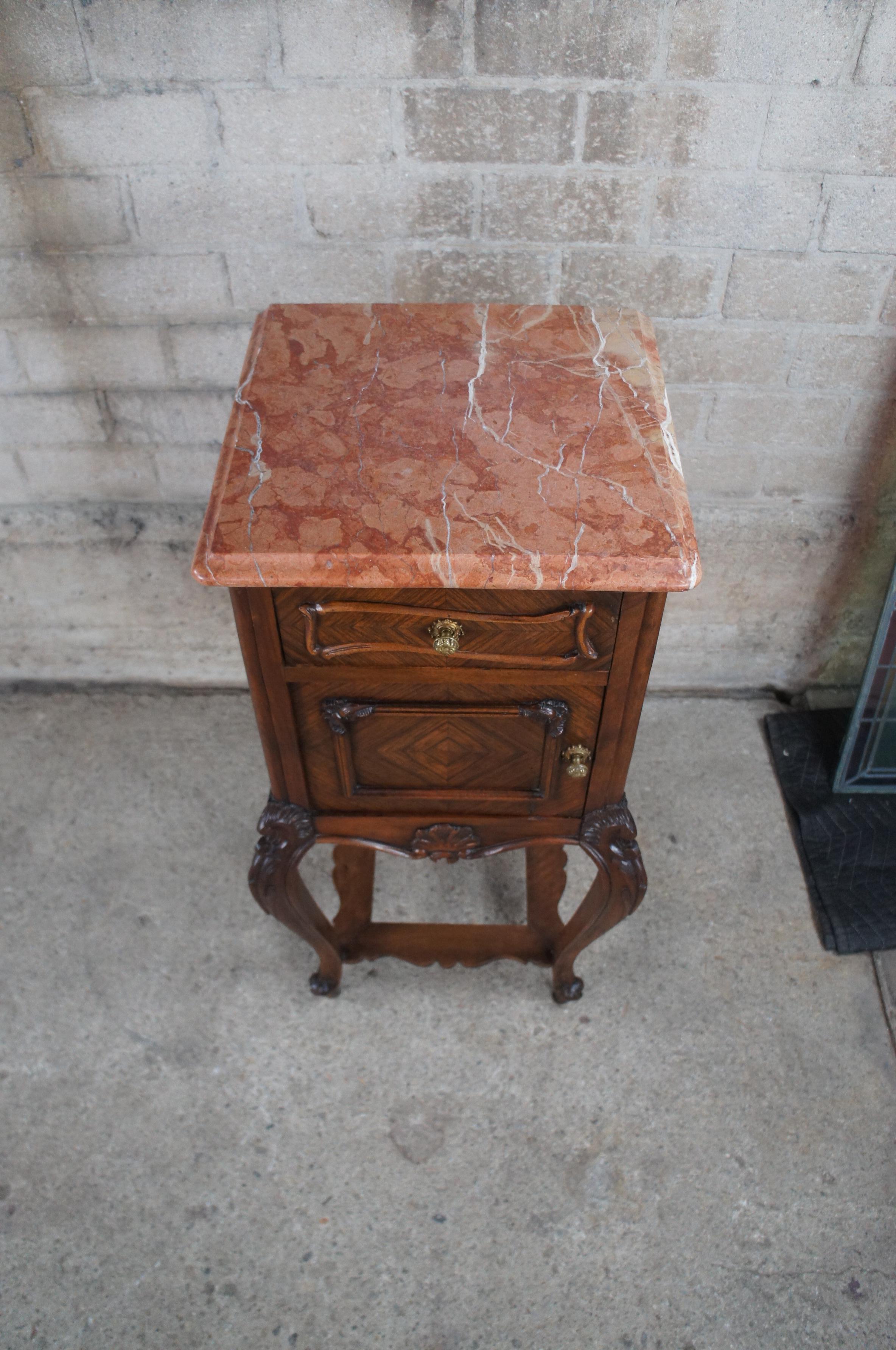 19th Century 2 Antique French Louis XVI Walnut Matchbook Marble Nightstands Smoking Stands For Sale