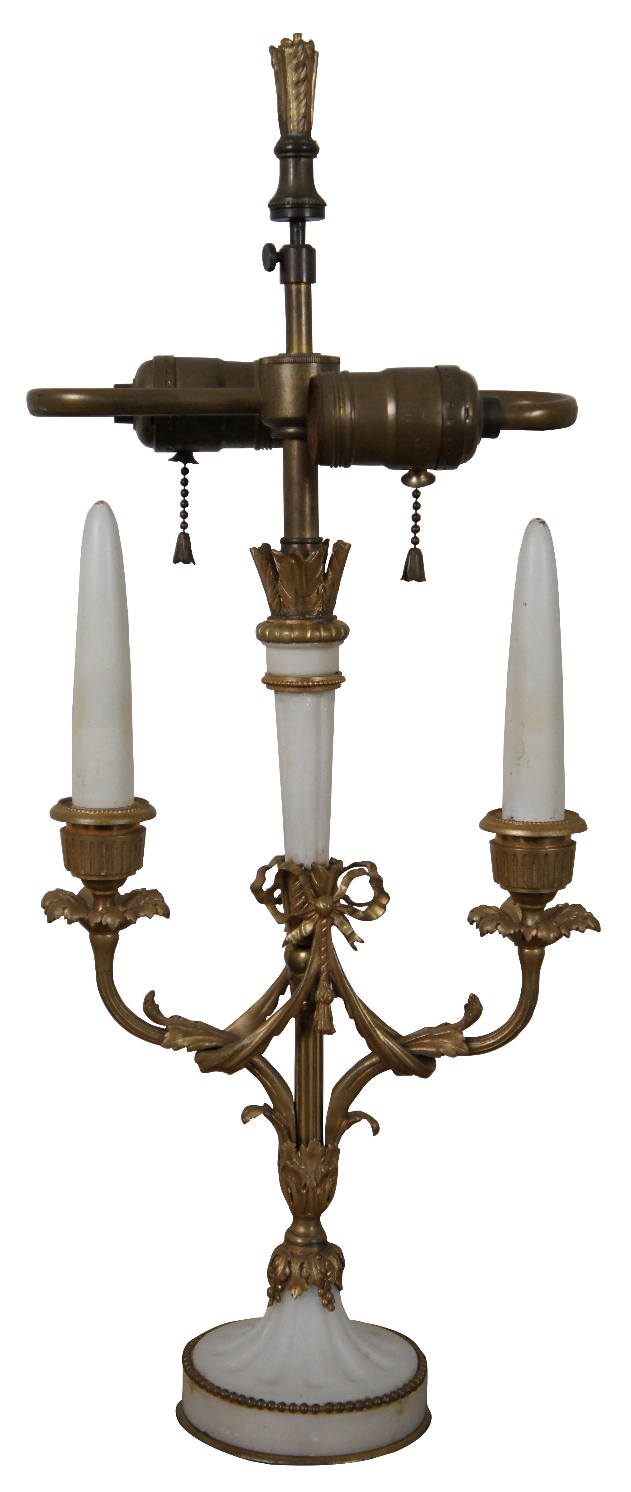 2 Antique French Neoclassical Gilt Bronze Alabaster Bouillotte Table Lamps In Good Condition For Sale In Dayton, OH