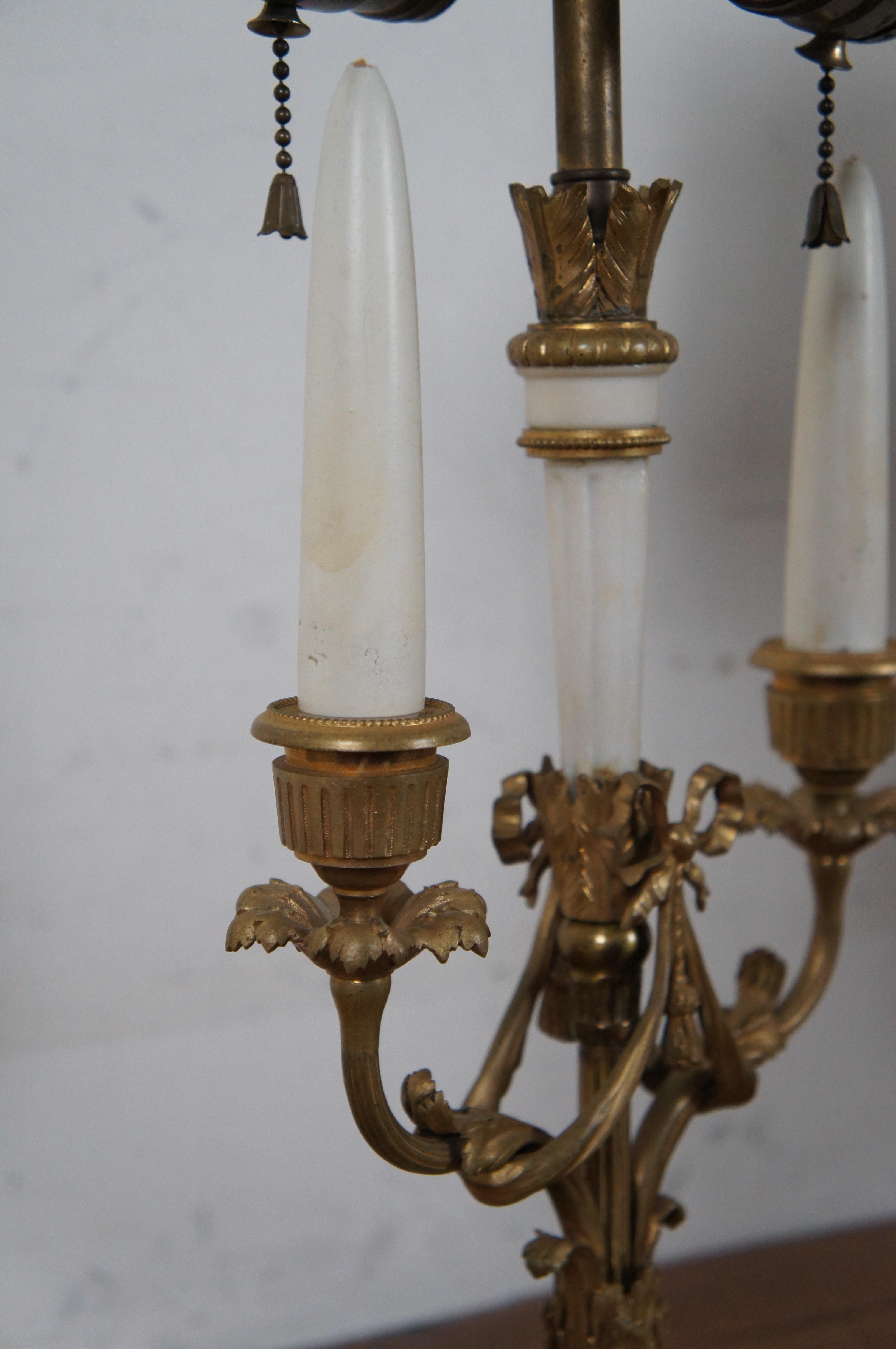 20th Century 2 Antique French Neoclassical Gilt Bronze Alabaster Bouillotte Table Lamps For Sale